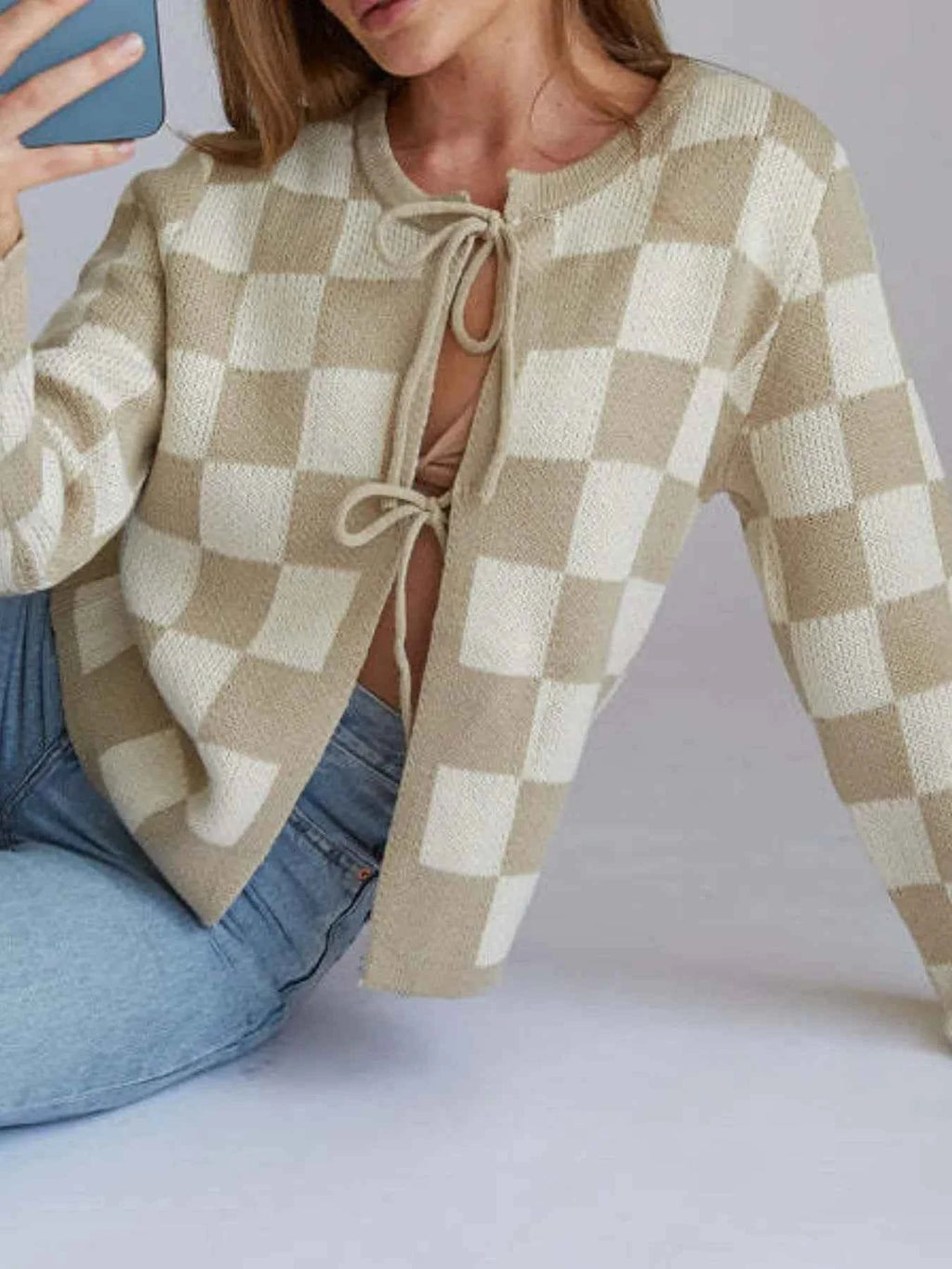 Checkered Tie-Front Cropped Cardigan 1802ffce-4679-4deb-93ad-b49f1cde7483-Max-Origin
