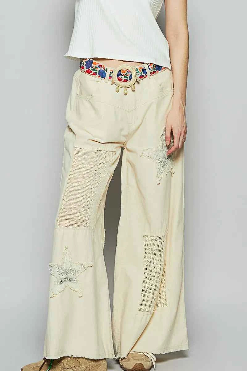 POL Raw Hem Star Patch Wide leg Pants Cream 180e1afd-4685-4382-9135-e4fde0a74cff-Max-Origin