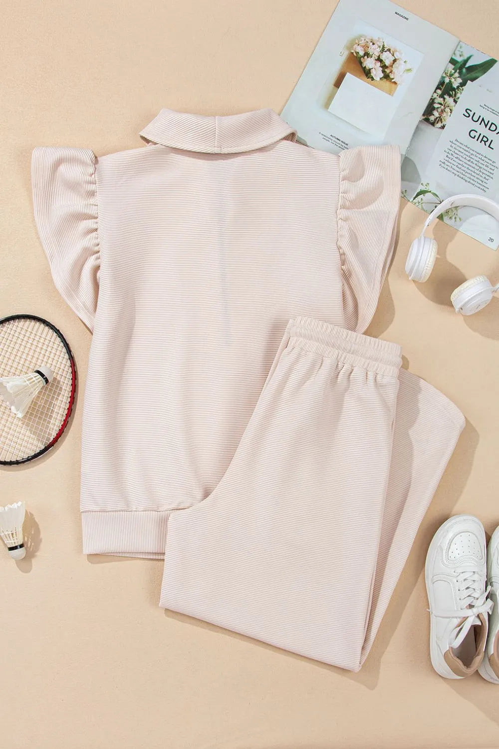 Textured Ruffled Sleeve Zipped Top and Wide Leg Pants Set 1812fb03-bfa9-4ec1-866f-c7c1954885e7-Max-Origin