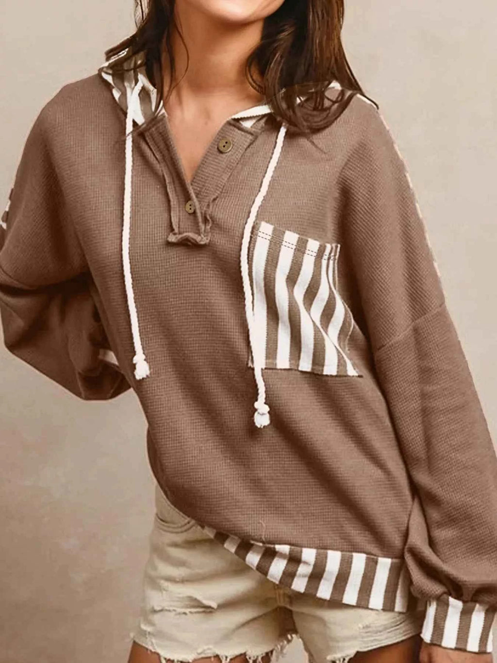 Waffle Texture Striped Patchwork Button Neck Drawstring Hoodie Taupe 181e62ebb9614a57b10a5769678d3b0b-Max-Origin