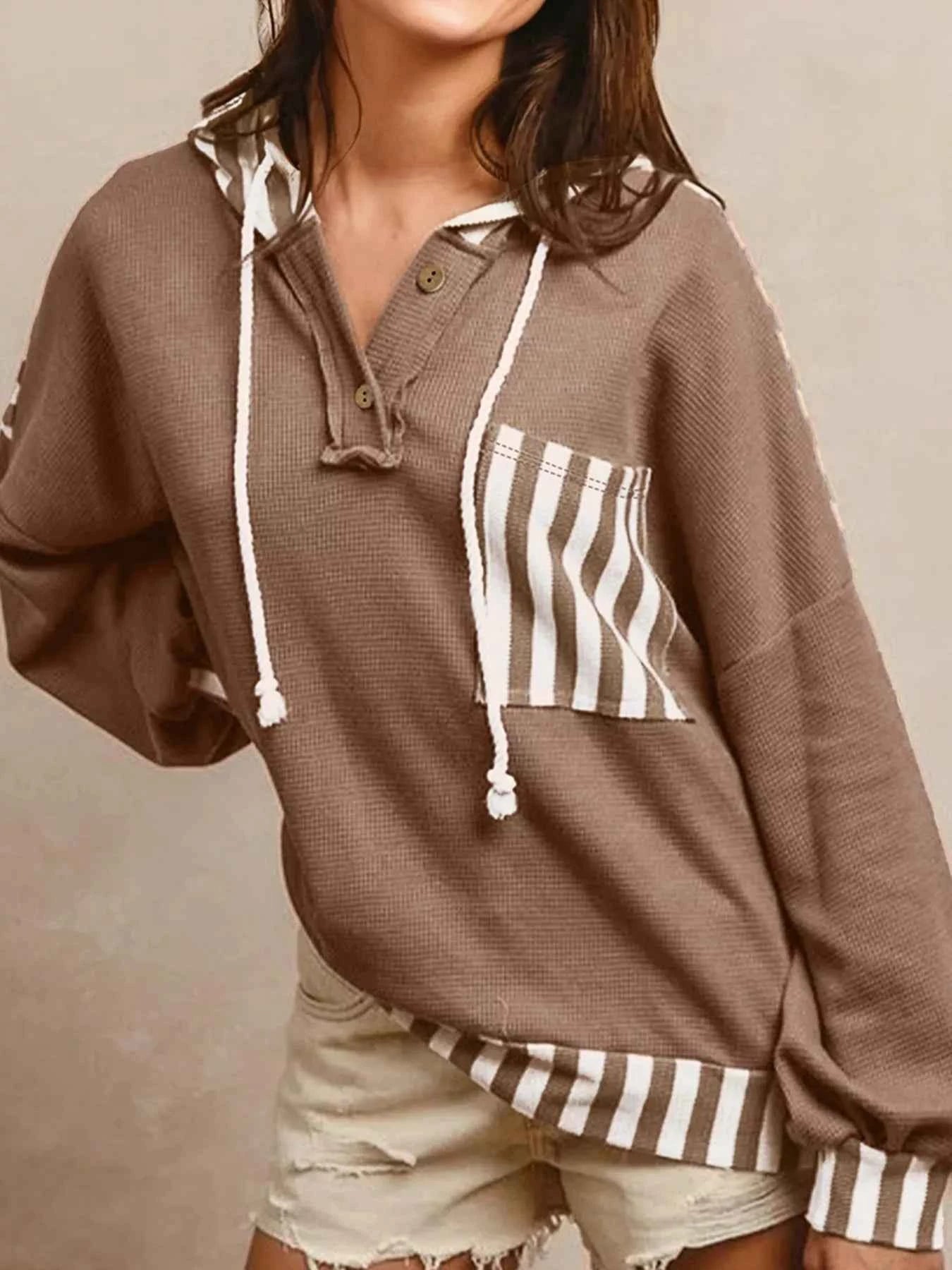 Waffle Texture Striped Patchwork Button Neck Drawstring Hoodie Taupe 181e62ebb9614a57b10a5769678d3b0b-Max-Origin