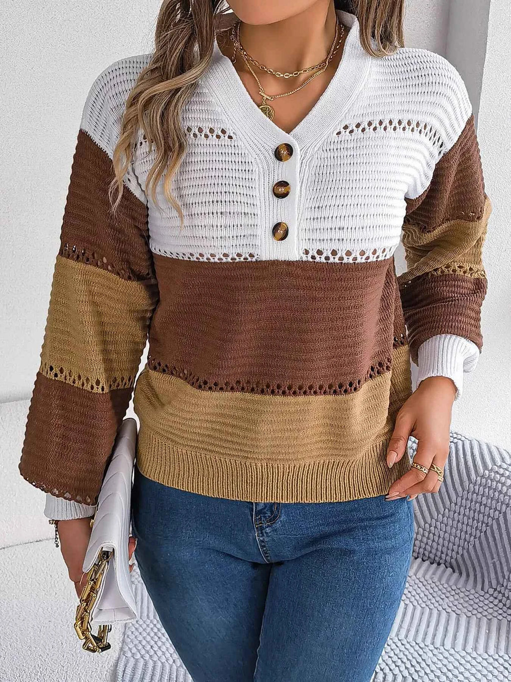 Color Block Striped V-Neck Button Detail Sweater Coffee Brown 1826ccf43efd4152b55be2394aabcb39-Max-Origin