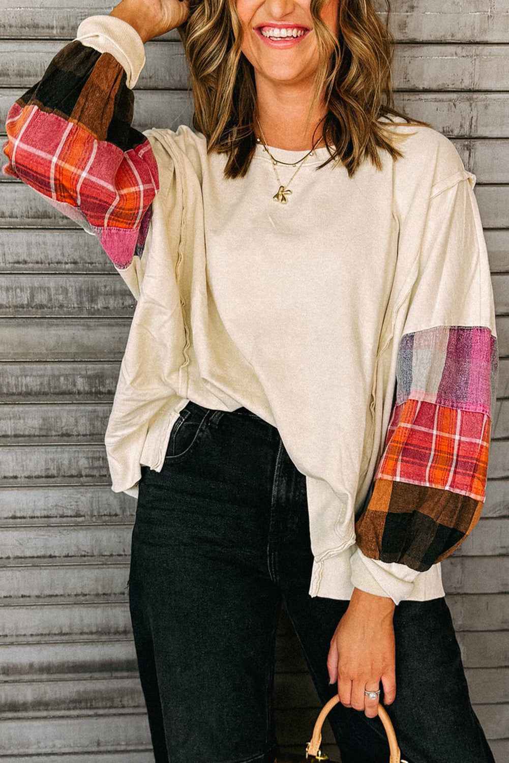 Beige Plaid Patchwork Long Sleeve Exposed Seam Loose Top Beige 75%Polyester+20%Cotton+5%Elastane 1828fdf47e10966d