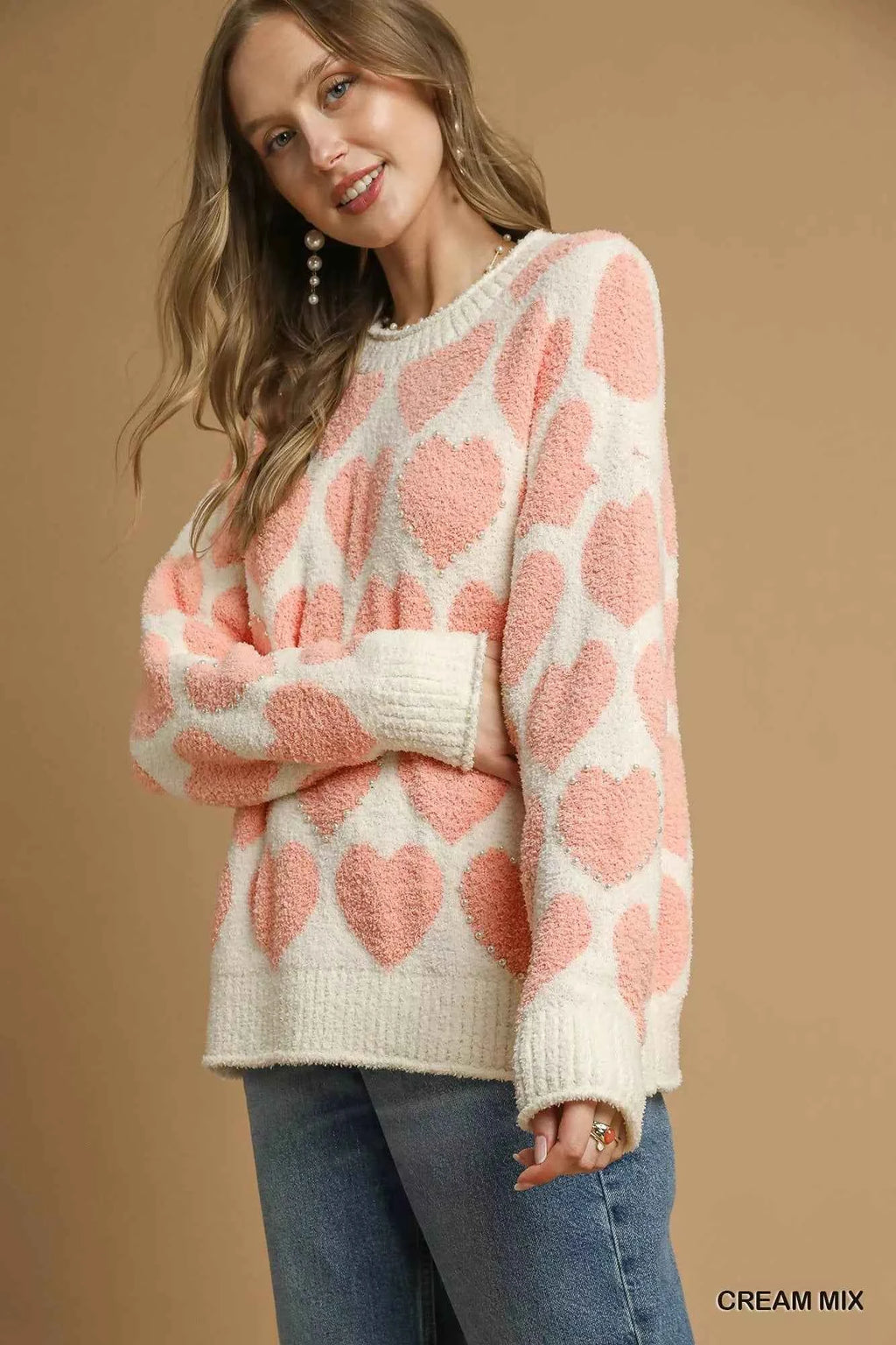 Umgee Mix Heart Pattern Pearl Accent Sweater 18293dff-cdb1-4bbd-b3bf-f9a22b72900e-Max-Origin