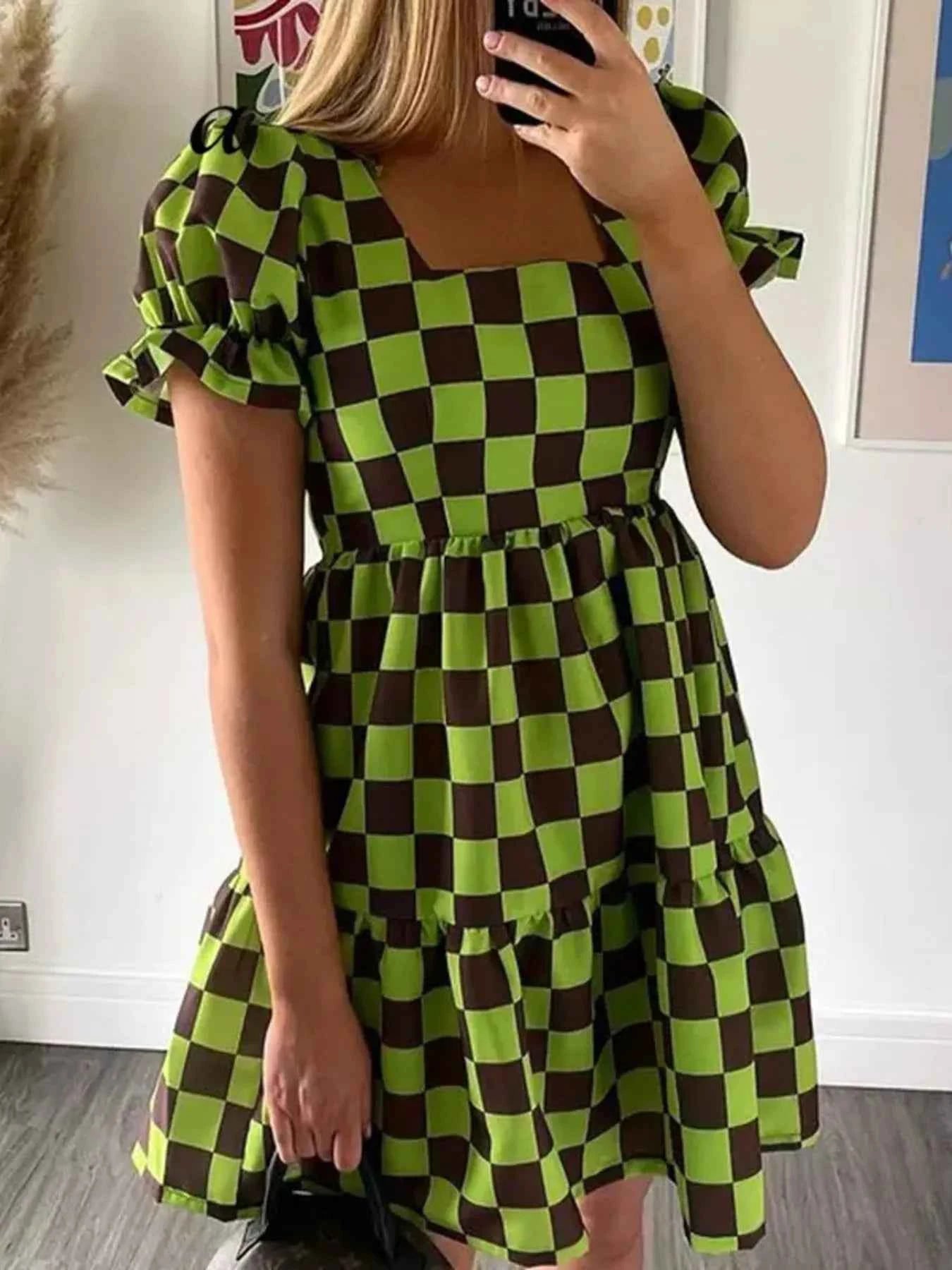 Checkered Short Sleeve Tiered Mini Dress Green 182fa1a19dba44c5b3b494c255b7030d-Max-Origin
