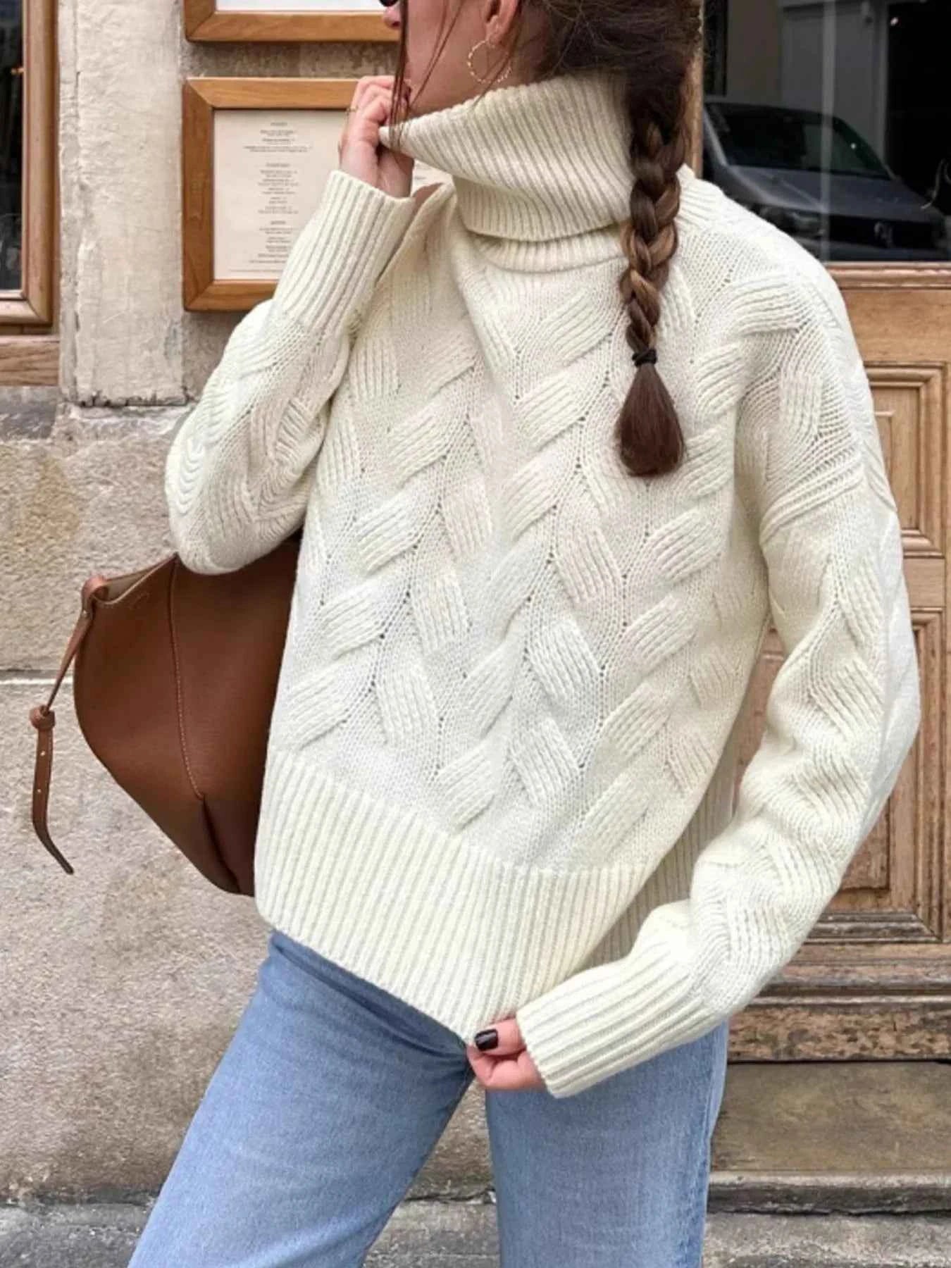 Ribbed Hem Turtleneck Long Sleeve Sweater White 183766b8-65ff-463d-9404-d62fdca82bf4-Max-Origin