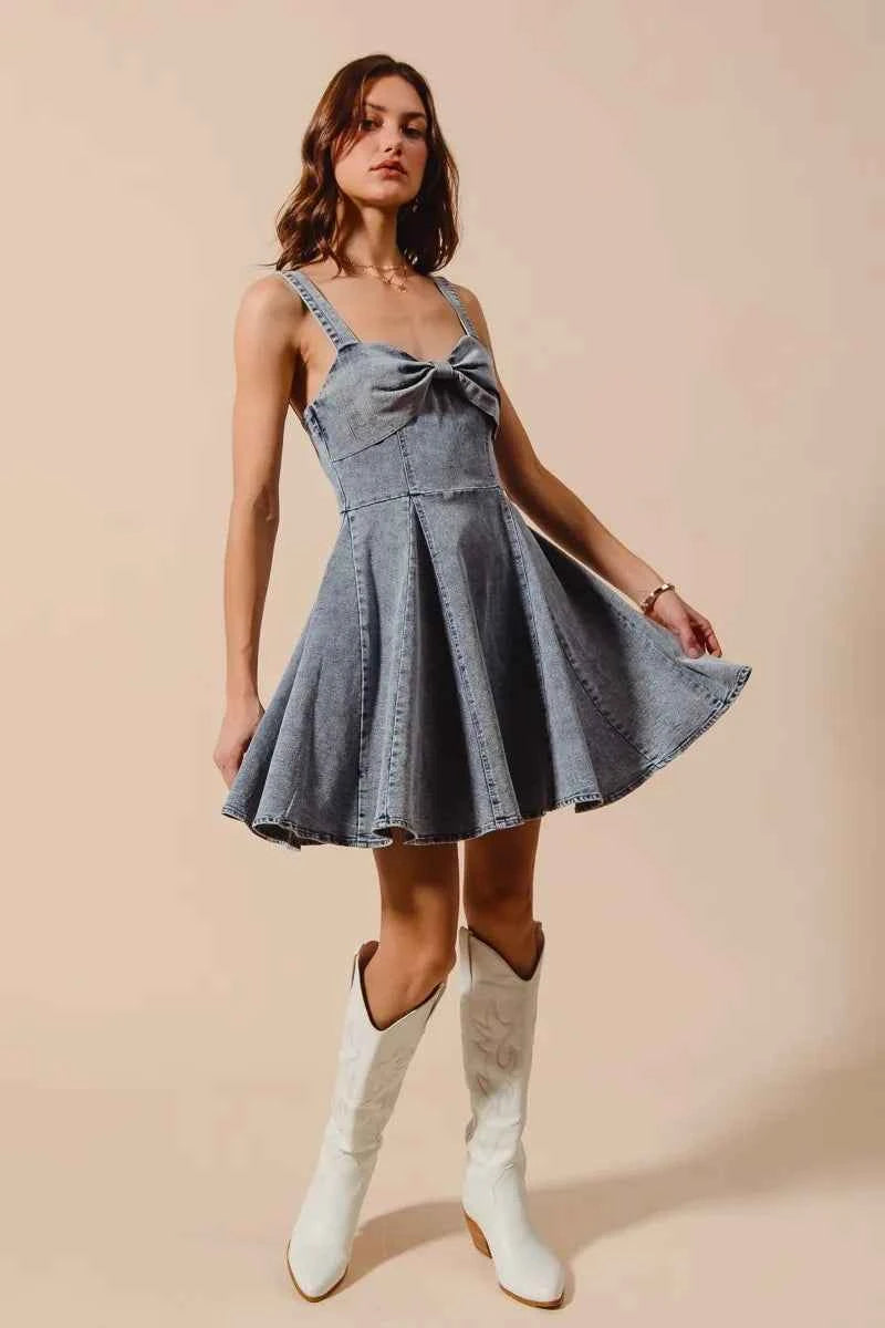 SO ME Mineral Washed Bow Ribbon Denim Flare Dress 183c720c2857459e8b382e5abf8a8e4e-Max-Origin