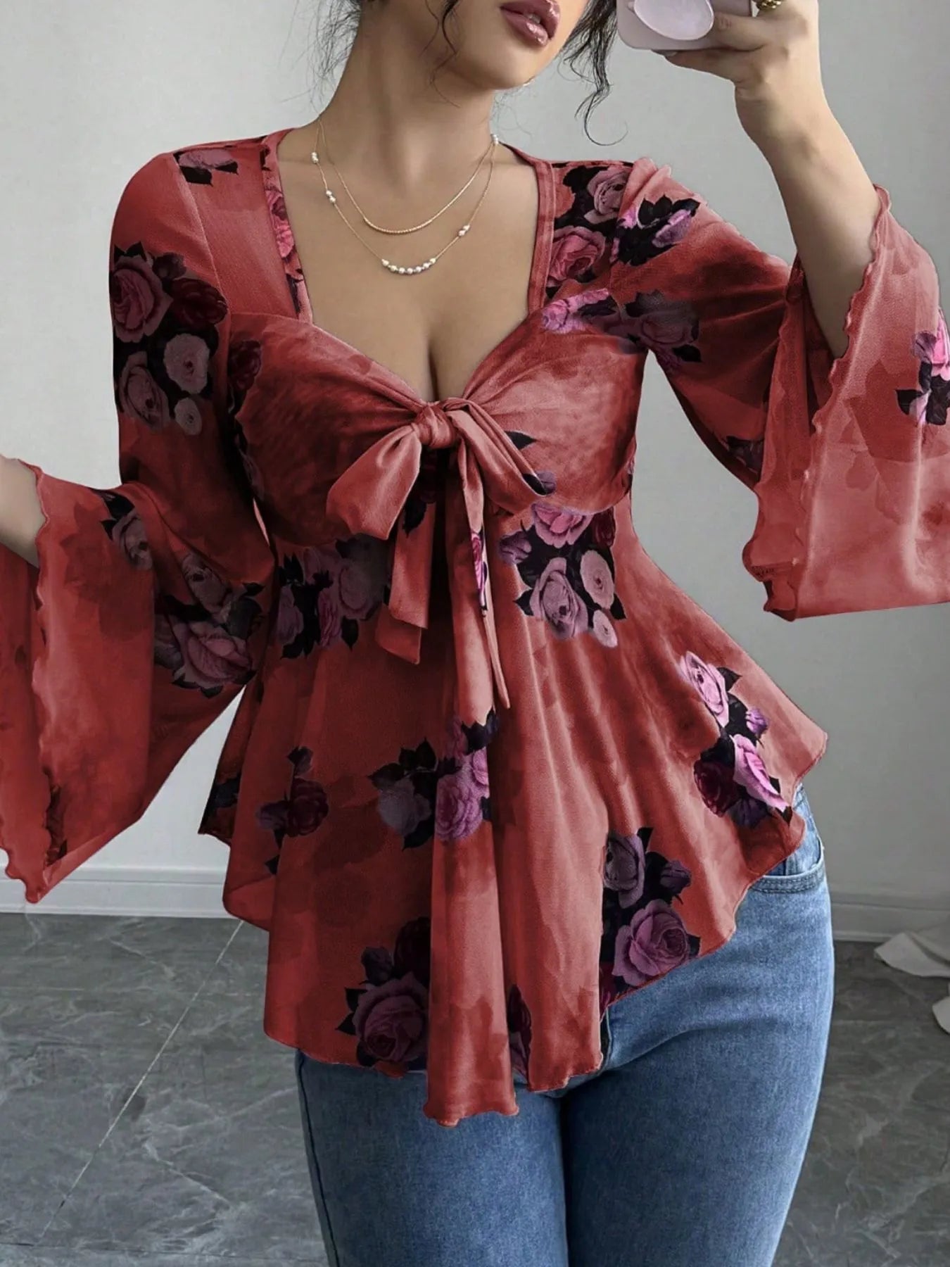 Floral Tie Front Flare Sleeve Blouse Red 1840adea-6bda-42c5-b99f-3dfb8b664af8-Max-Origin