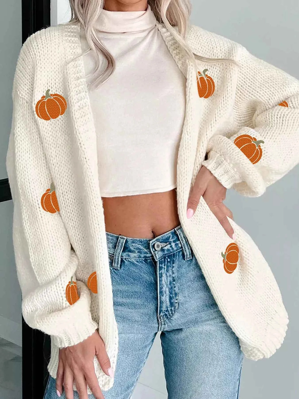 Halloween Pumpkin Embroidered Knit Cardigan White 1855326795c14863857b0fd9dc821e6a-Max-Origin