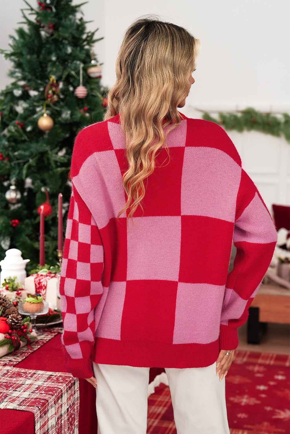 Fiery Red Colorblock Plaid Button Knit Cardigan 186534cfb7f93a24