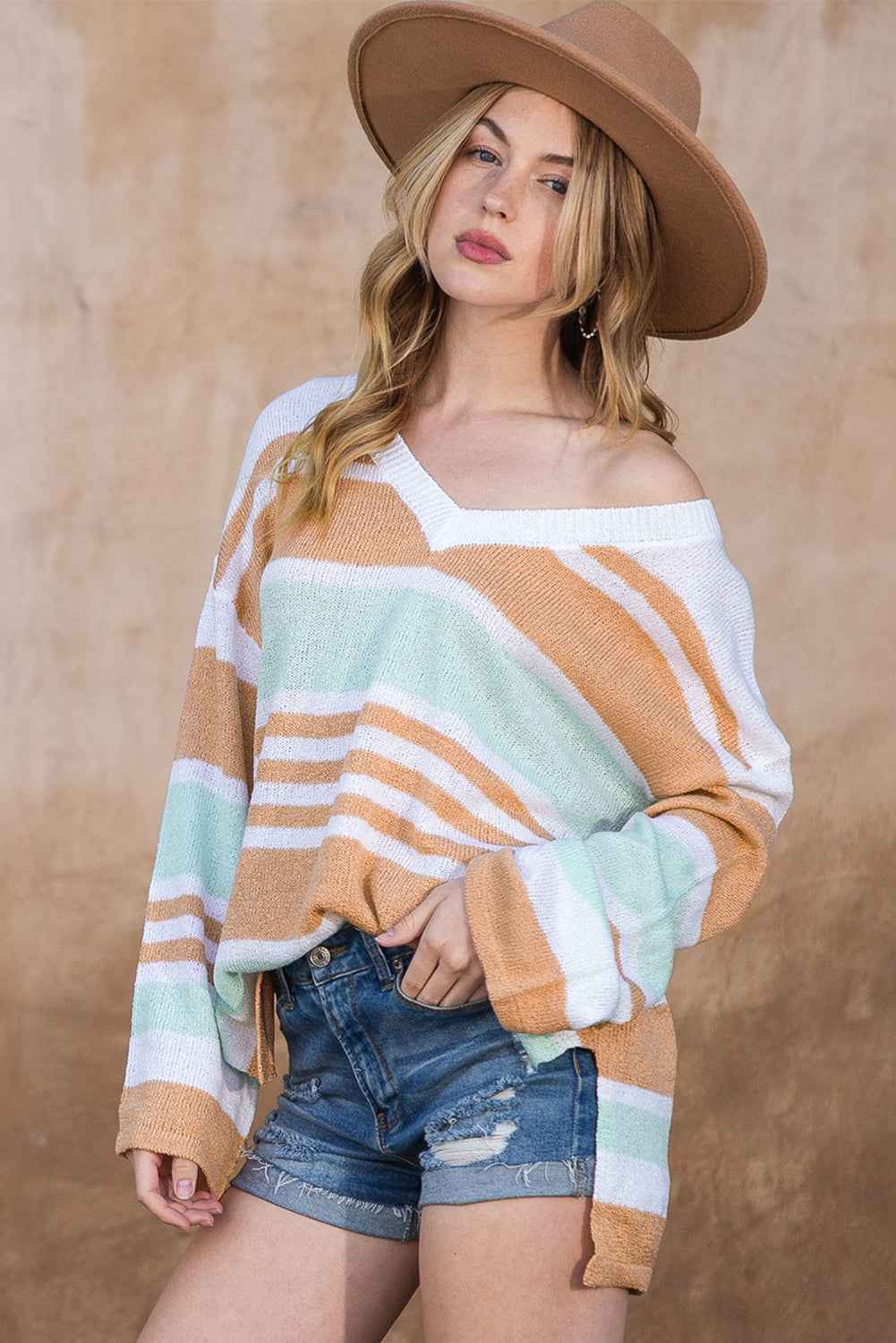 Multicolor Colorblock Stripe V Neck Split Sweater 187a6cda58a6d744