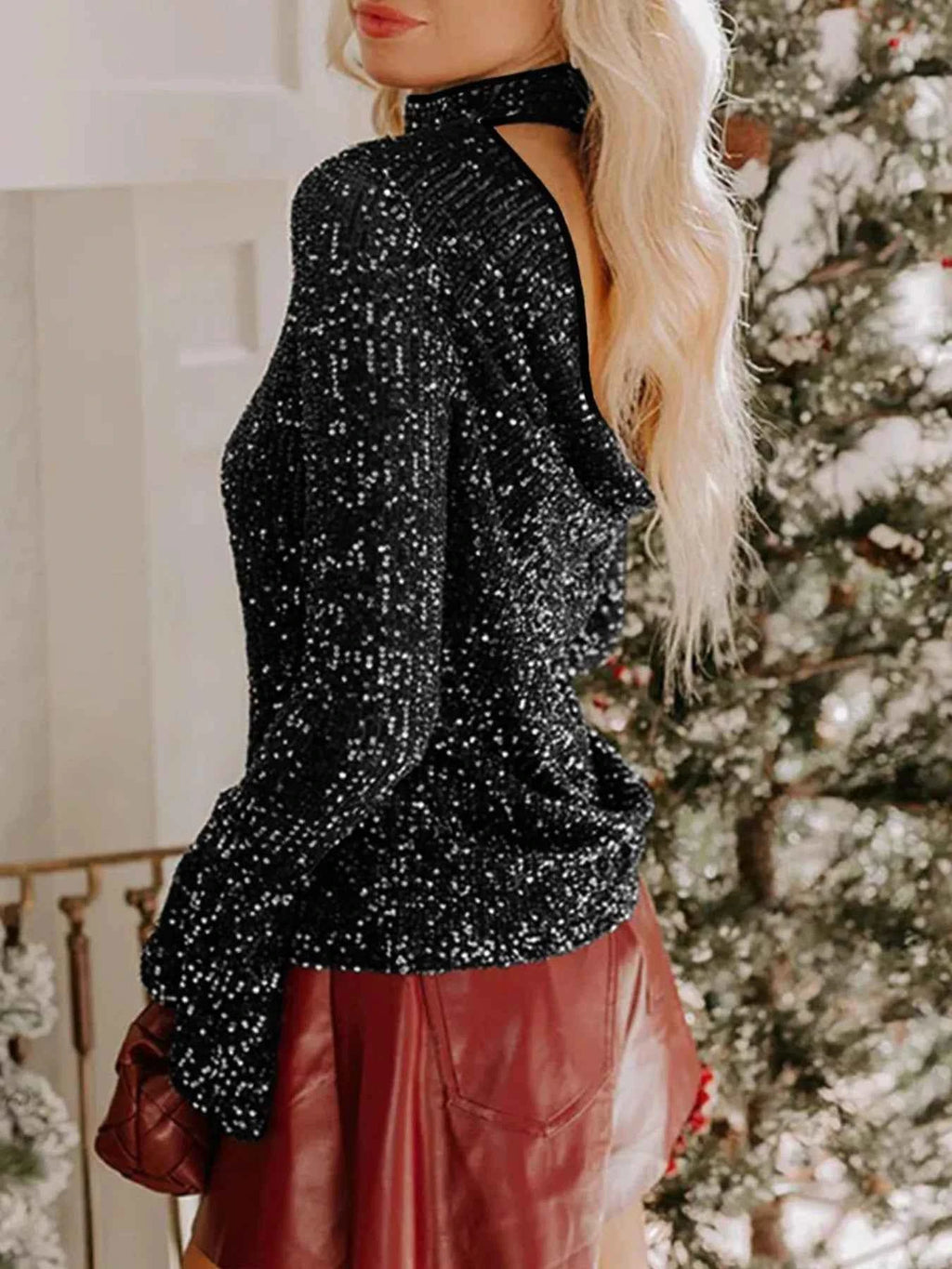Sequin Mock Neck Drape Open Back Bell Sleeve Top 188a3266-ab5c-4961-bf5c-5505ae07d2fc-Max-Origin