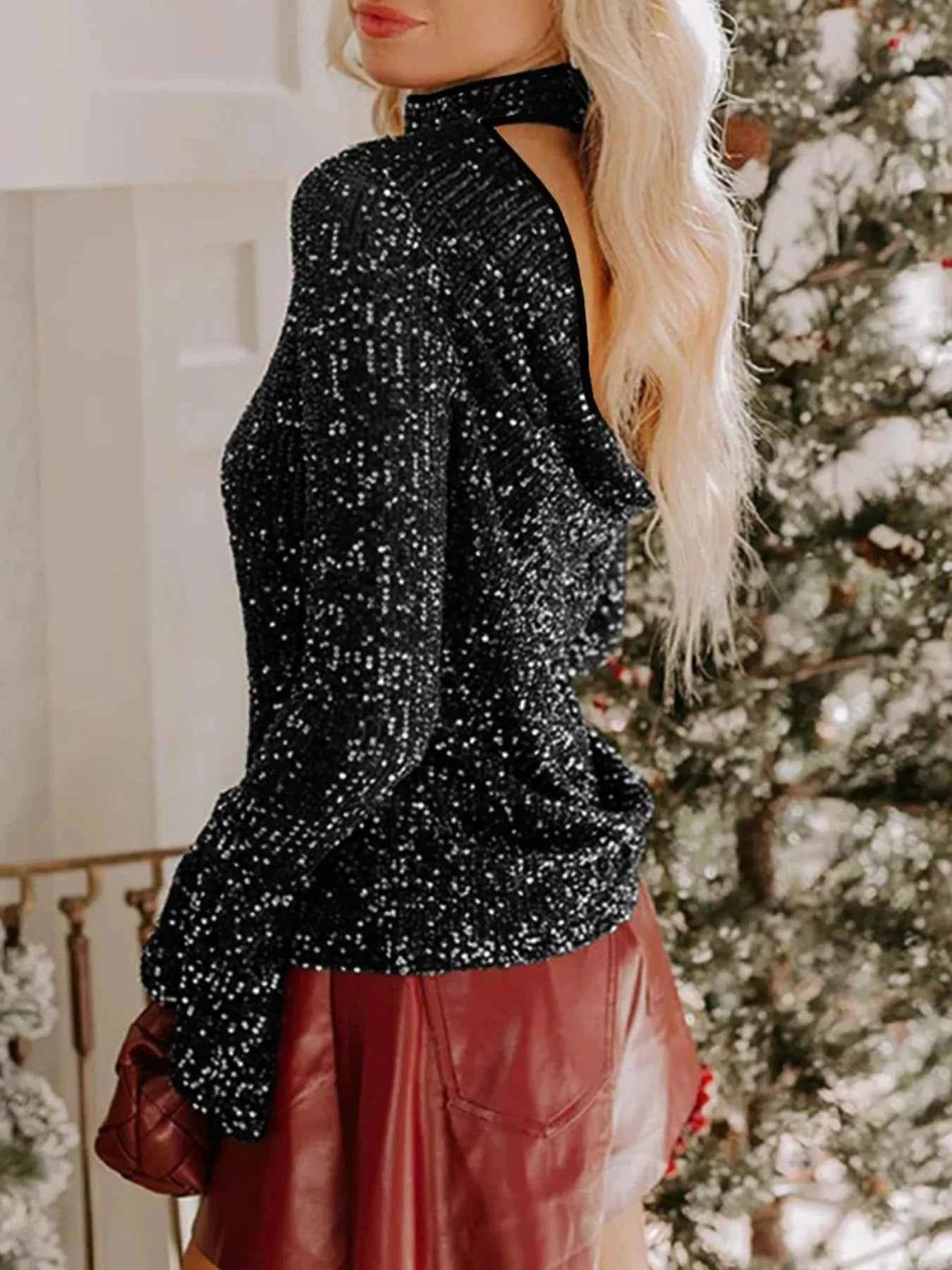 Sequin Mock Neck Drape Open Back Bell Sleeve Top 188a3266-ab5c-4961-bf5c-5505ae07d2fc-Max-Origin