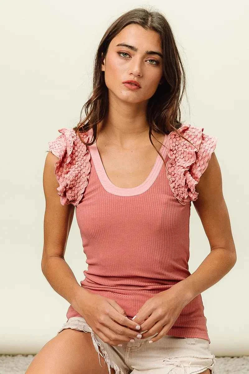 BiBi Rib Knit With Textured Ruffled Top 188b81ebc6f44324b025232e0f5b0cfc-Max-Origin