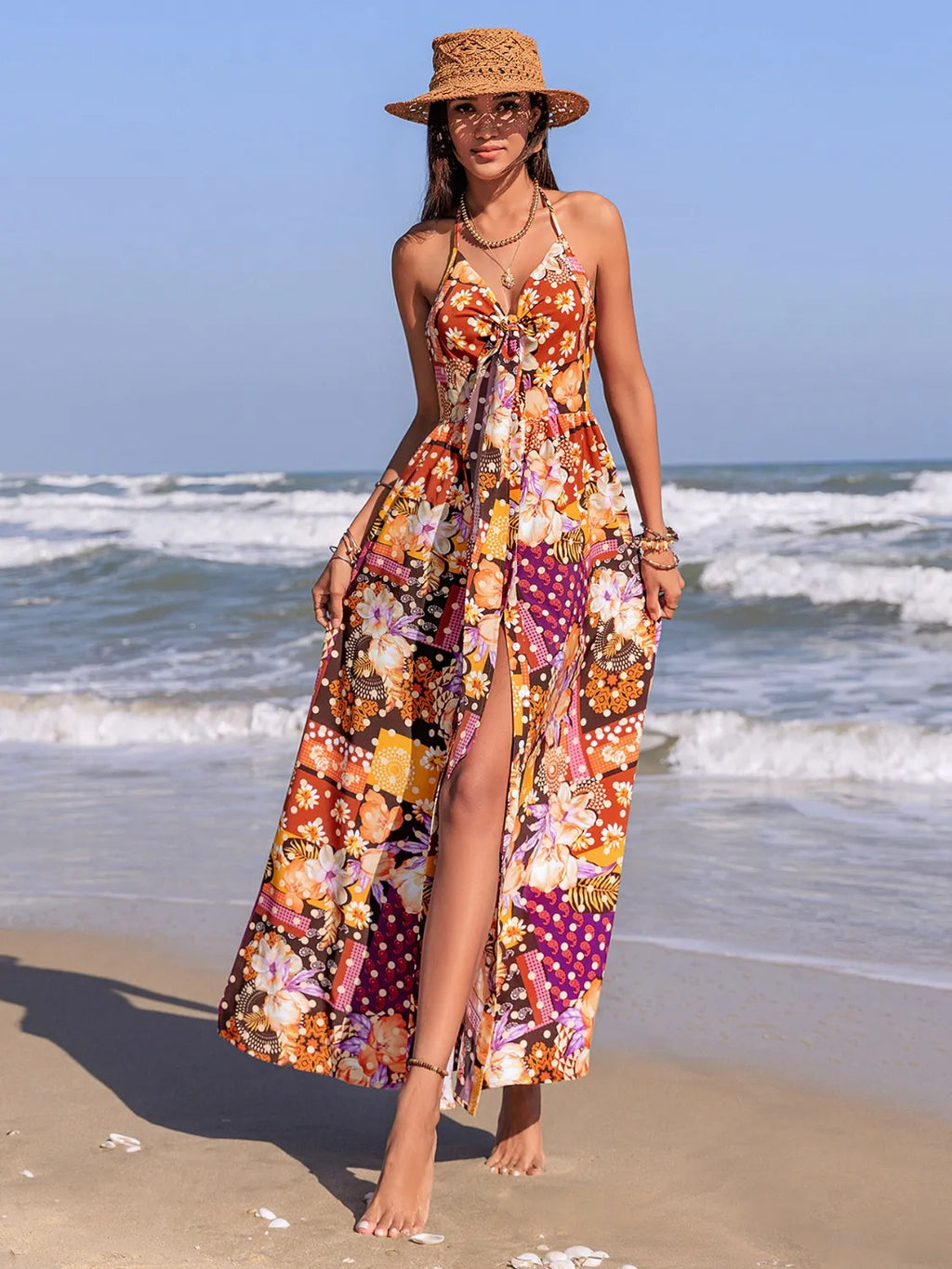 Slit Printed Halter Neck Cami Dress Multicolor 188f5033-928d-40d5-9325-b289d688ad45-Max-Origin