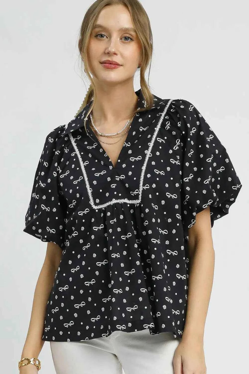 Umgee Bow Print Puff Sleeve Blouse Black 1894a34e-4101-4df2-833f-96646839af2c-Max-Origin