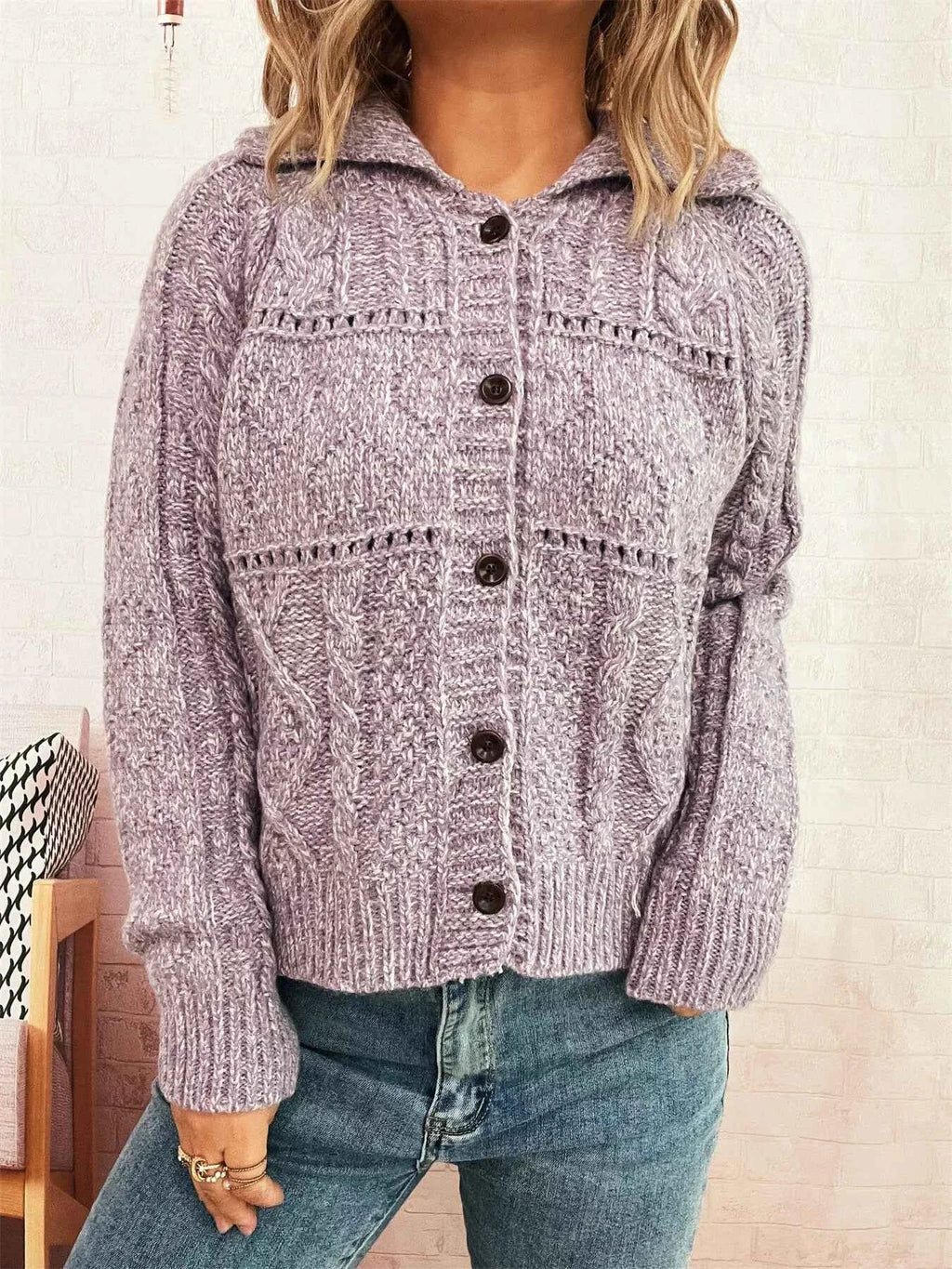 Openwork Cable Knit Button-Up Cardigan 189f3a94e2c54a00ae5374bae5c49478-Max-Origin