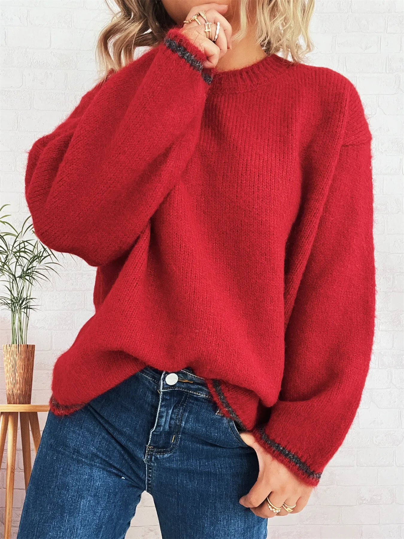 Contrast Trim Round Neck Cozy Sweater Red One Size 18acb342eece4aeba02b747a5ba0d9a5-Max-Origin