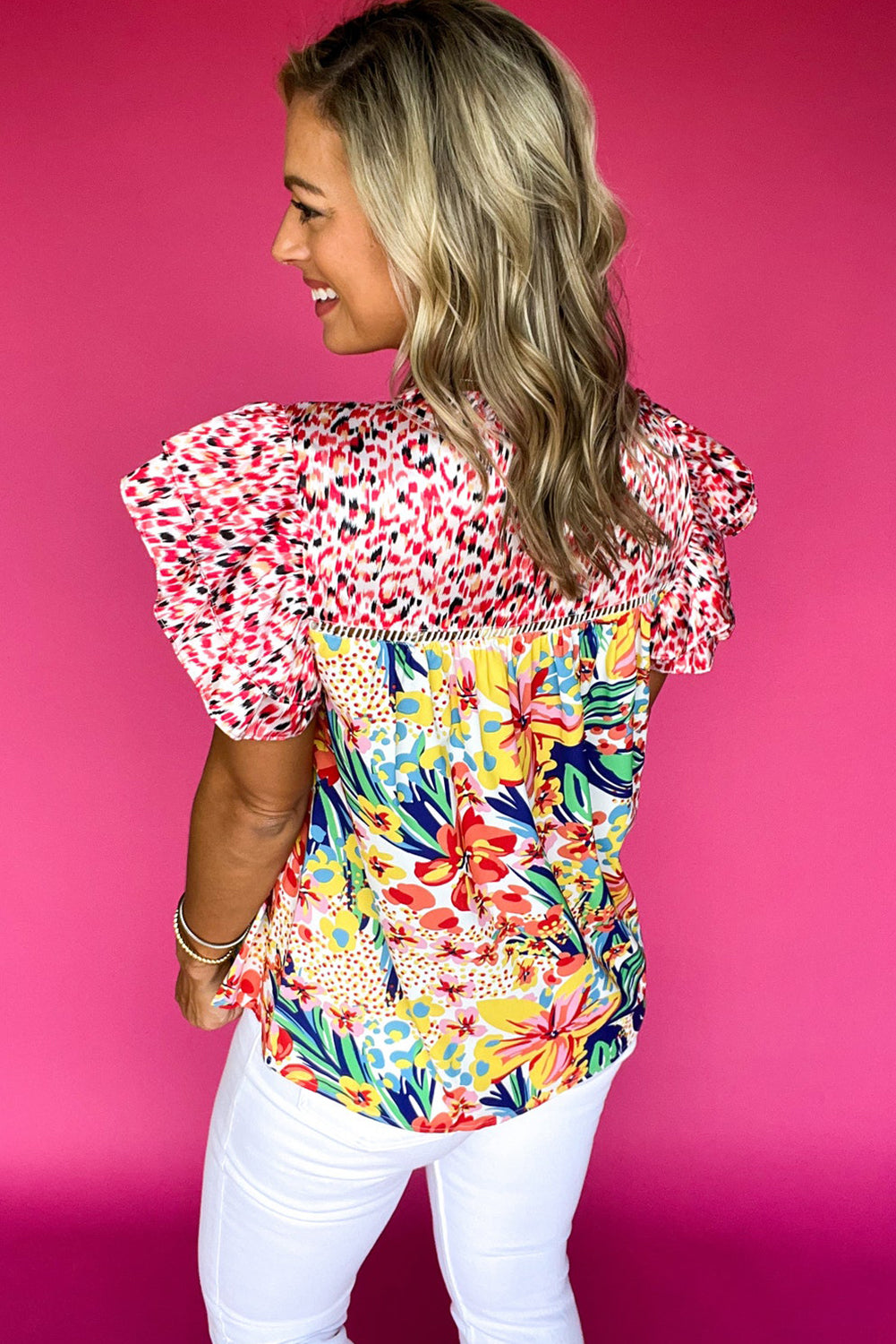 Red Floral Mixed Print Ruffle Cap Sleeve Blouse 18caece8557771d1