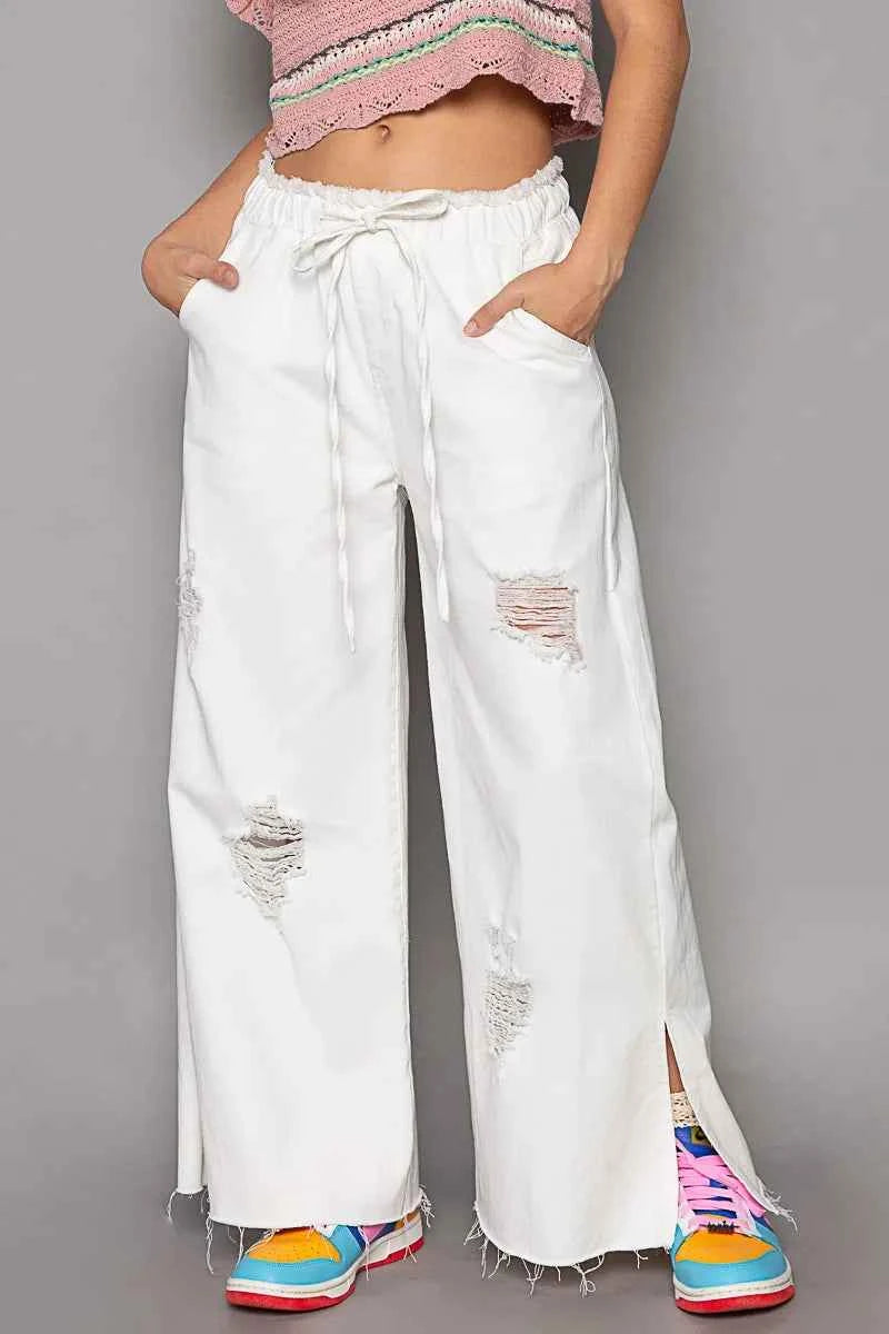 POL Distressed Drawstring Slit Wide leg Pants White 18d06596-b4fb-4195-b067-bbb680bef91e-Max-Origin
