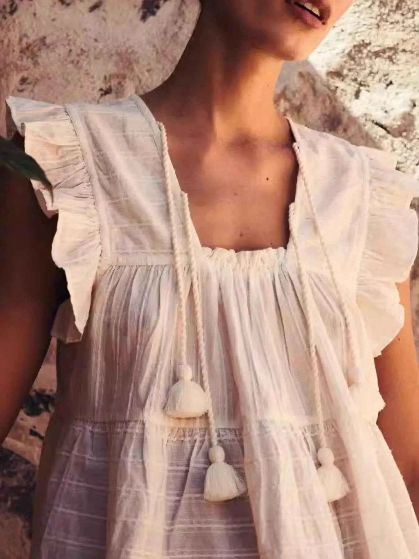 Tassel Ruffled Striped Blouse White 18d17847-684e-4a20-b96f-41e8aafcaacd-Max-Origin