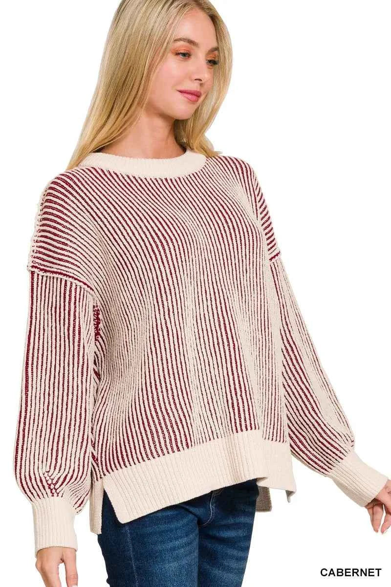Zenana Two Tone Crewneck Sweater 18da3f57f7694db1944d7efc251fdf0c-Max-Origin