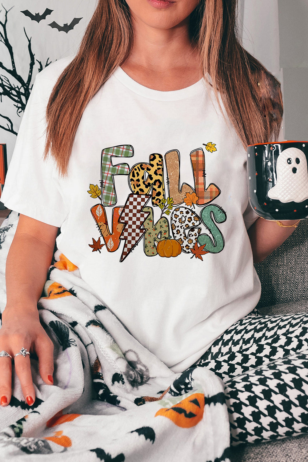 White FALL VIBES Cotton Blend Heat Transfer Printing Casual T Shirt 18da9a3a5c5bb5fc