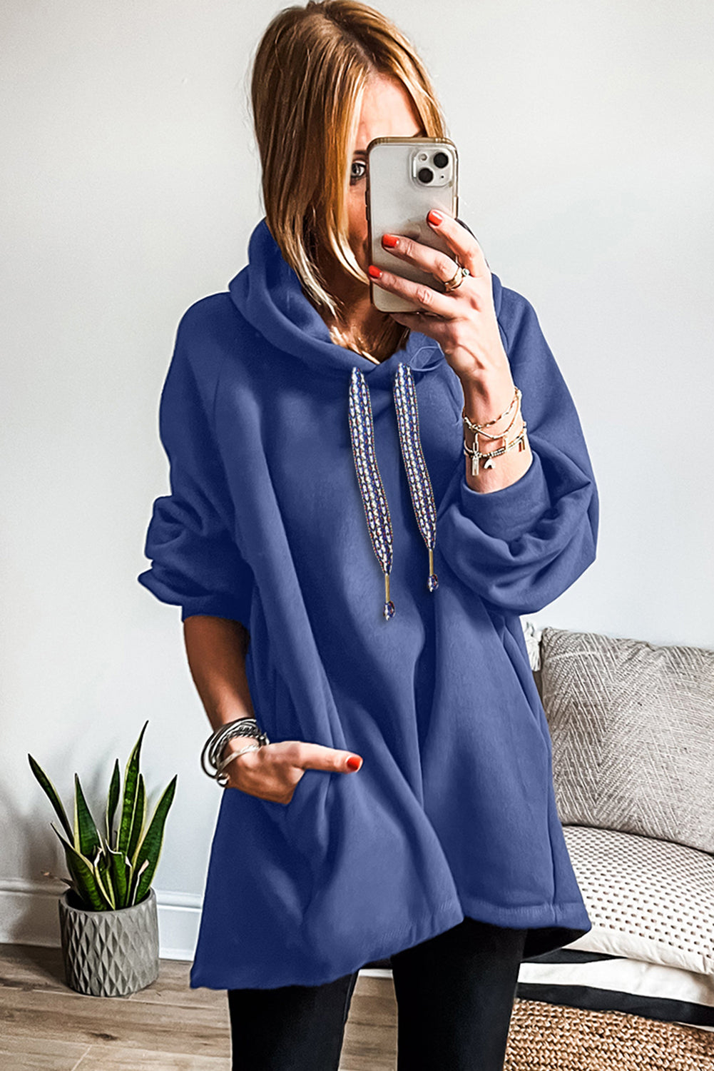 Dirty Blue Drawstring Hooded Tunic Sweatshirt 18dbcf4699206b25