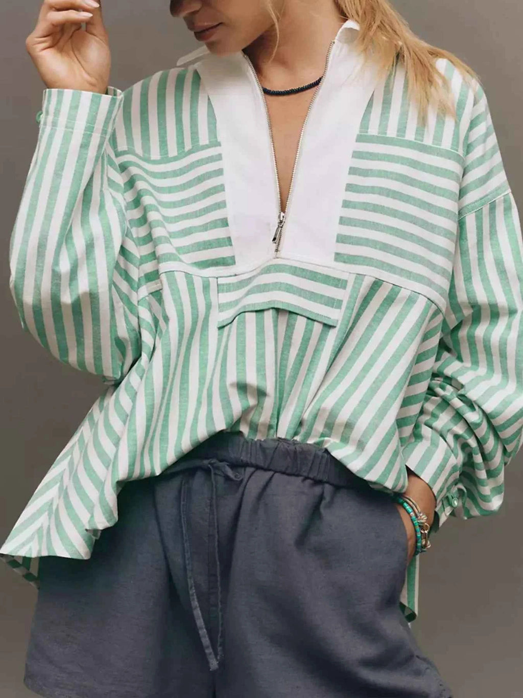 Stripe Half Zip Long Sleeve Swing Top Gum Leaf 18ebe25c-aef8-4b44-b6c3-4ae5ec194be0-Max-Origin