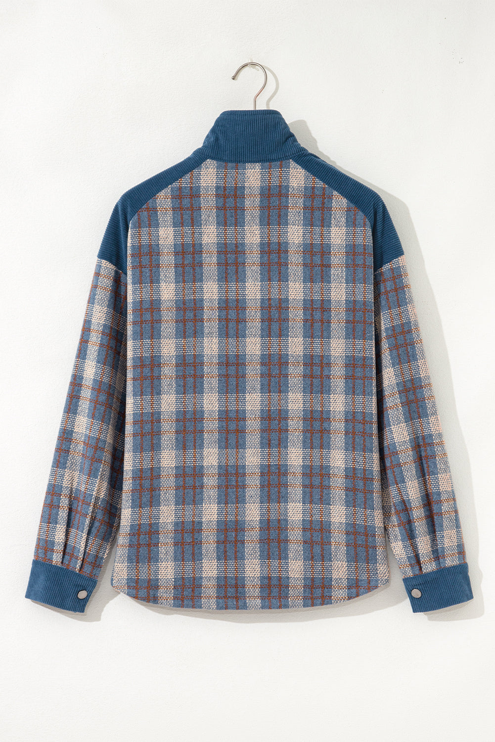 Gray Plaid Corduroy Patchwork Collared Zip Up Snap Button Jacket 1904b072f08dee99