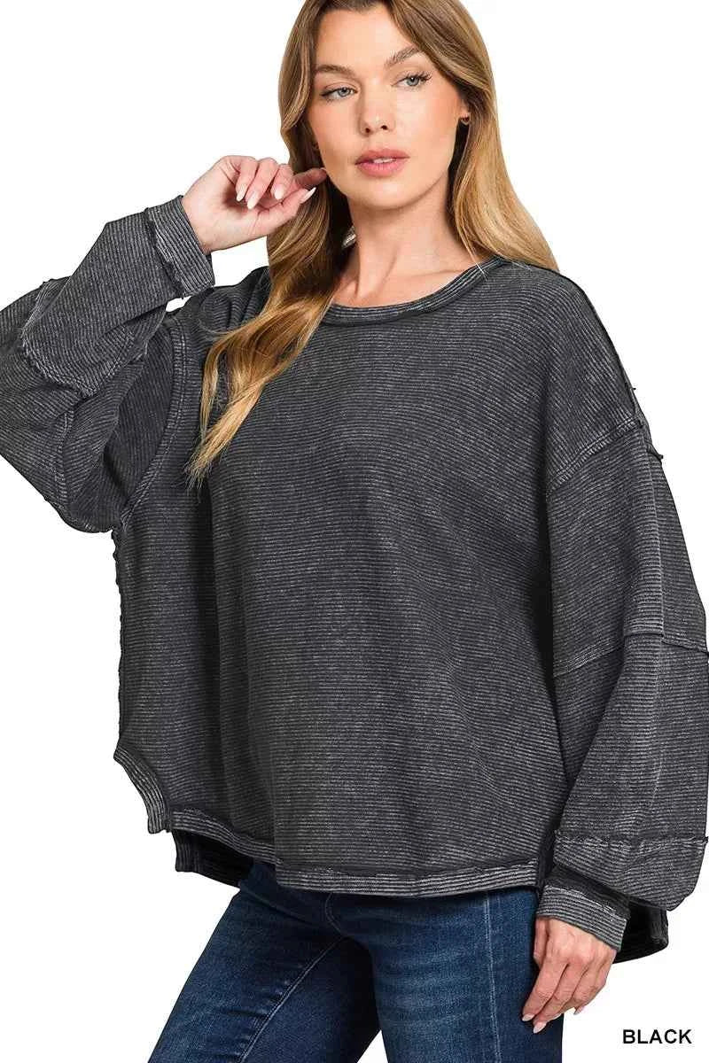 Zenana Acid Washed Exposed-Seam Sweatshirt BLACK 19097a1be22d4eb88e12fe81f6547a55-Max-Origin