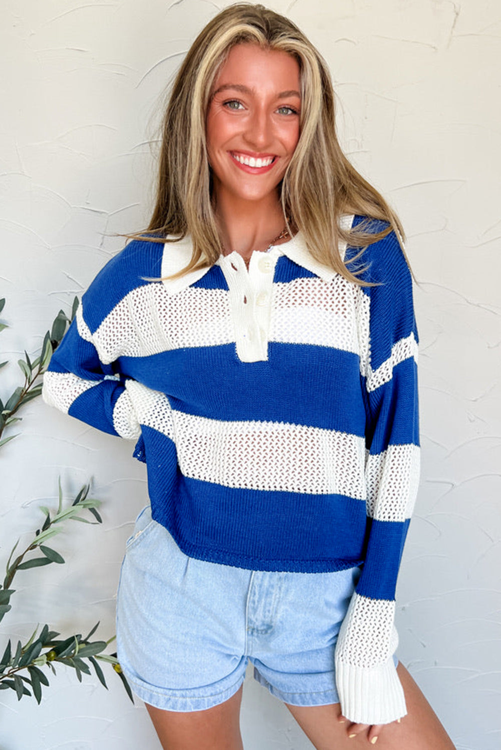 Blue Stripe Colorblock Polo Collar Eyelet Crochet Knit Sweater 190c2f6c56298f7b