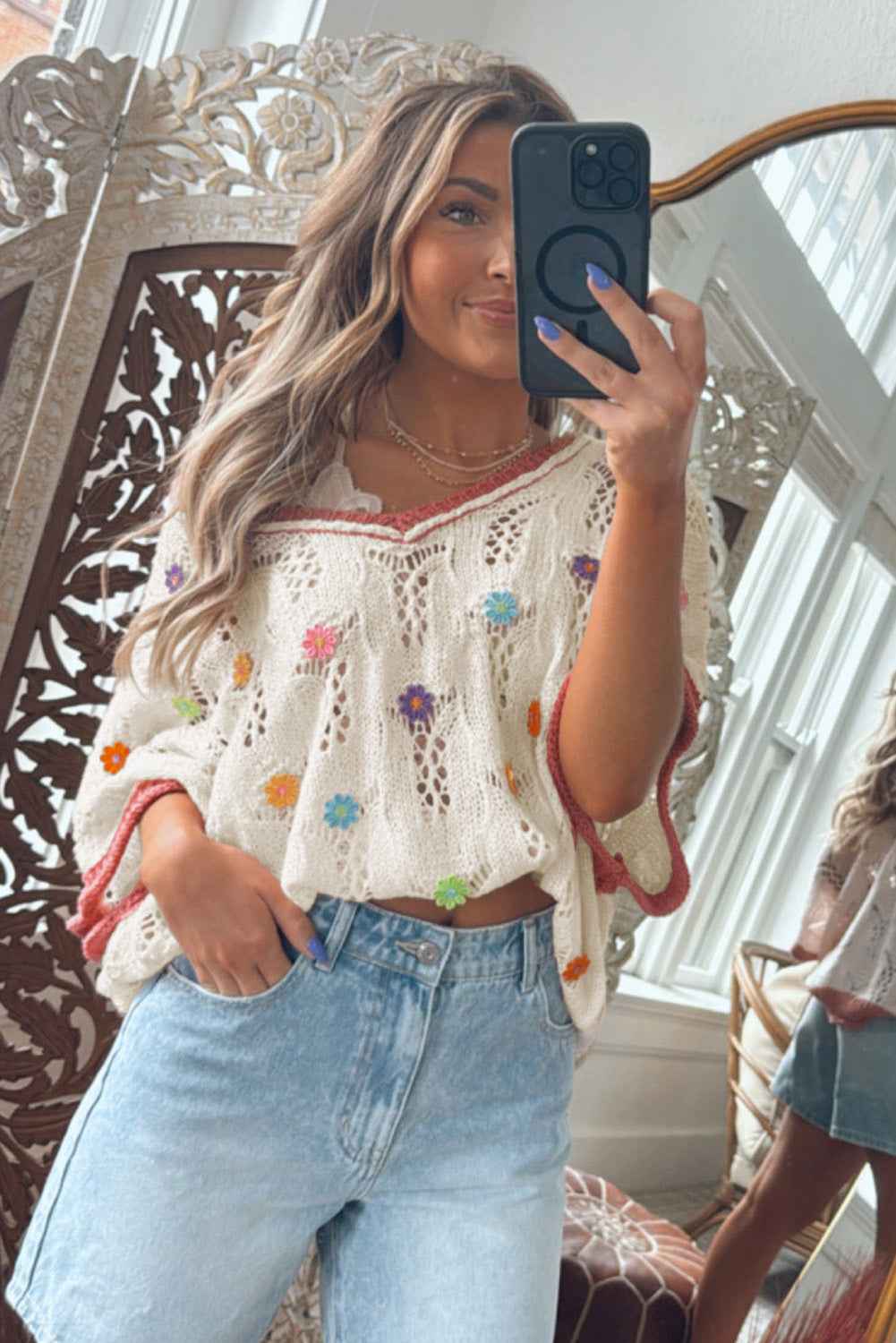 Delicacy Flowers Colorblock Edge Hollow Crochet Knit Top 1912b6028350d09a