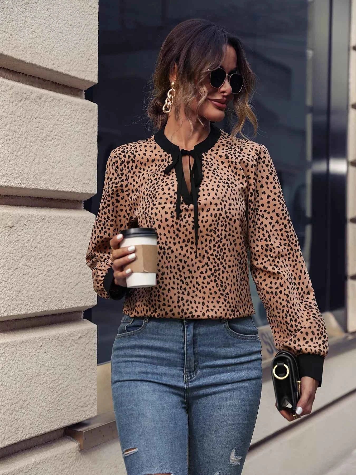 Animal Print Contrast Trim Tie Front Blouse 1924f97a-c05c-4721-855a-e64011a9f478-Max-Origin
