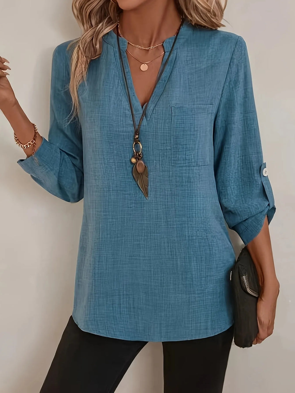 Notched Roll-Tab Sleeves Blouse 19256874f5514a1eaea175eb4a099881-Max-Origin