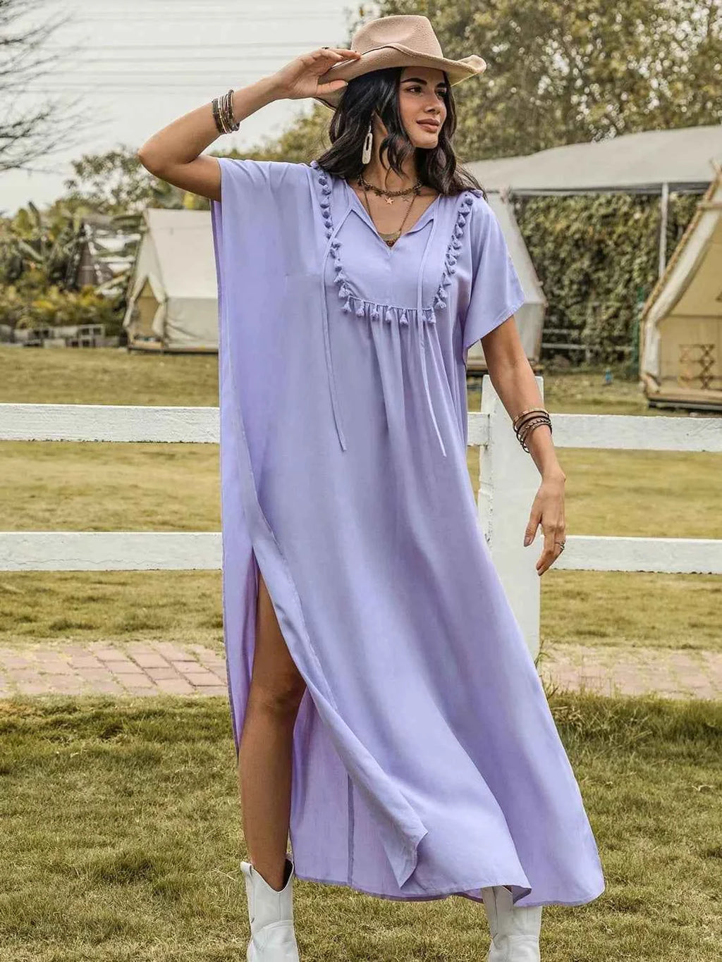 Side Slit Tie Neck Flutter Sleeve Dress 19294729-e53a-4235-b934-eb10e2b6994a-Max-Origin