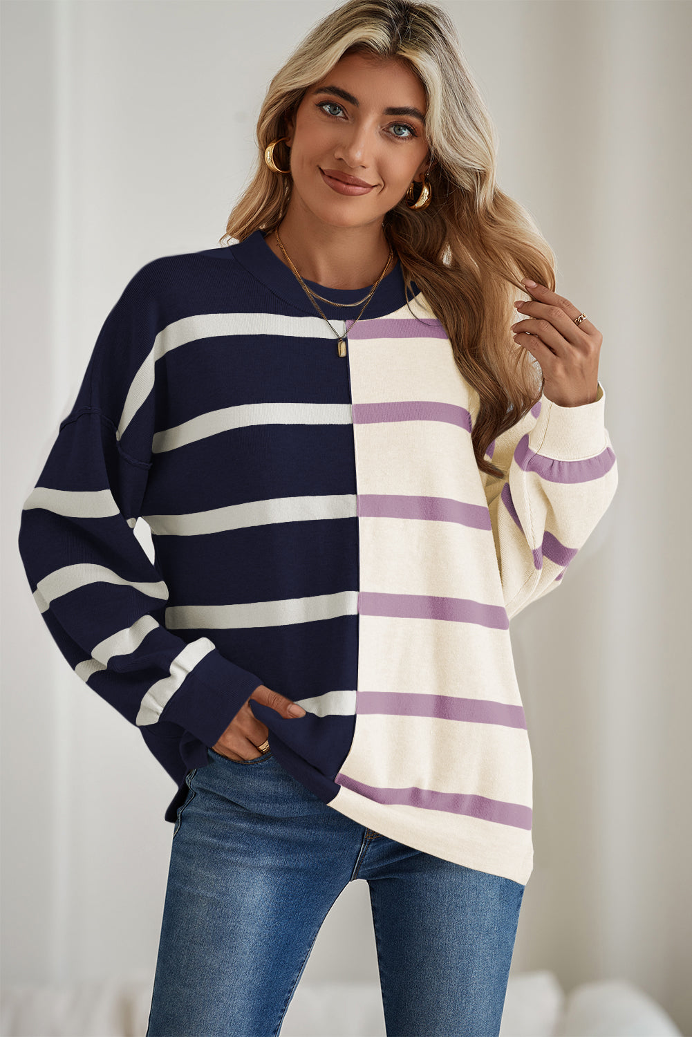 Blue Stripe Exposed Seam Patchwork Loose Sweatshirts 1929e3d6fcaf25d8
