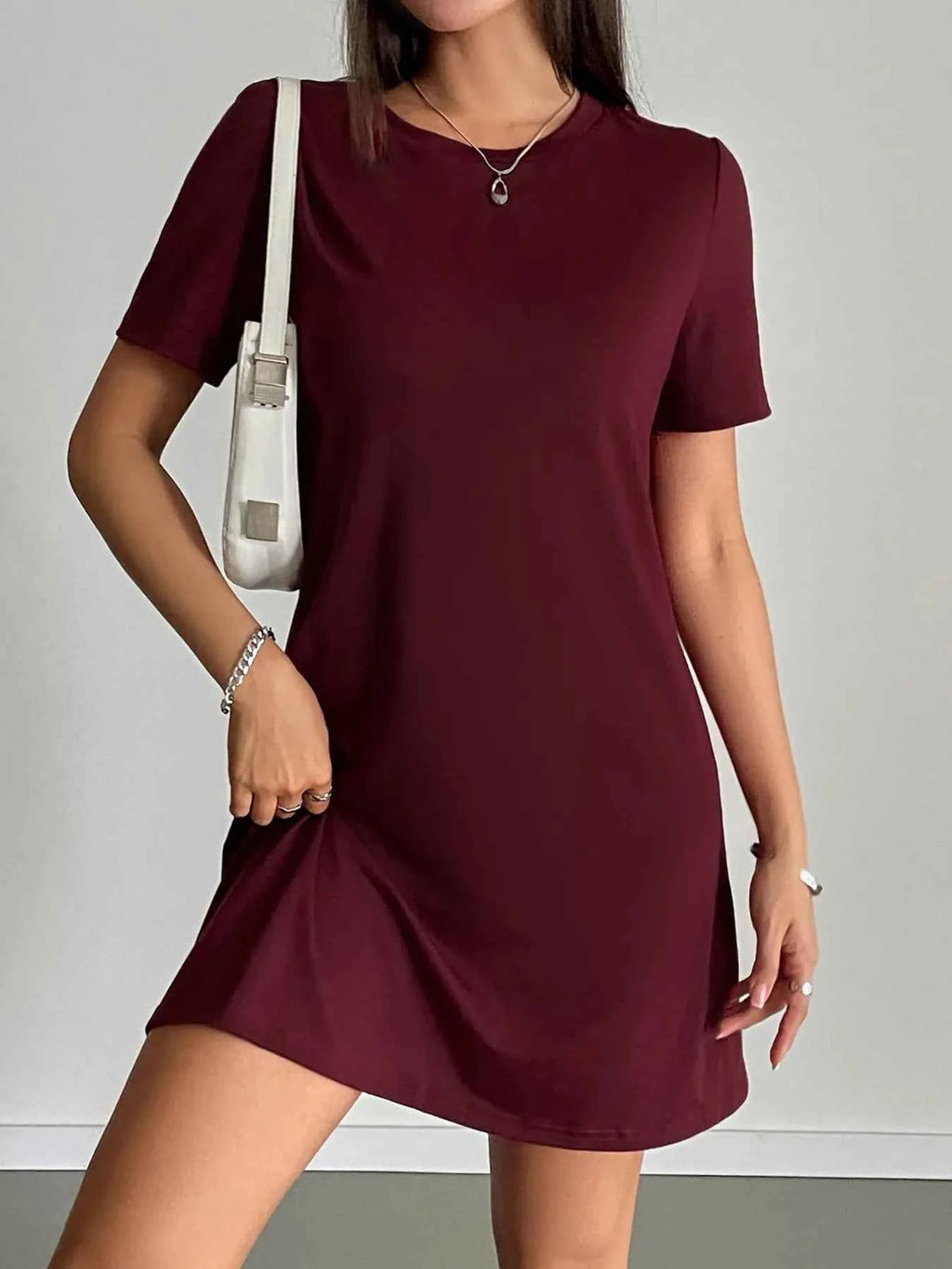 Round Neck Short Sleeve T-Shirt Dress Burgundy 19360850-6f11-4b73-8963-199edbb94a68-Max-Origin