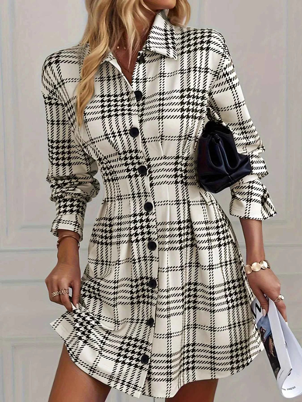 Houndstooth Button-Down Shirt Dress 195b42c4-d034-4931-8942-b5a58fa460df-Max-Origin