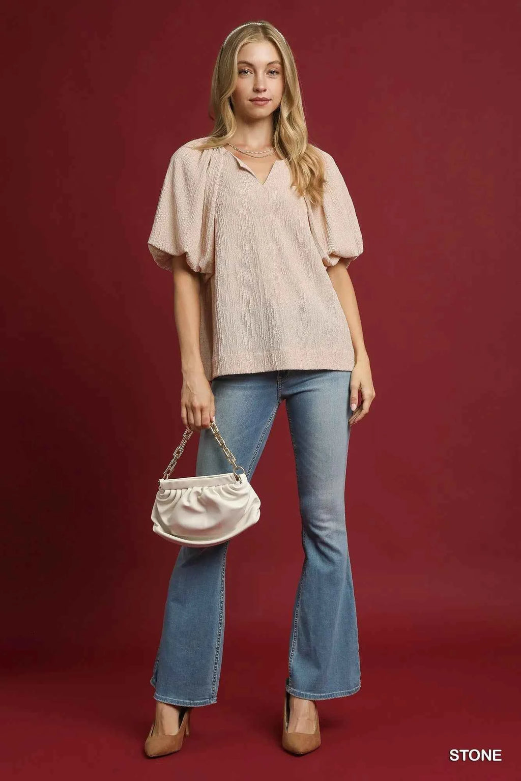 Umgee Texture Puff Sleeve Notched Blouse 198559e2-885d-4372-ba61-fcaa0a45c750-Max-Origin