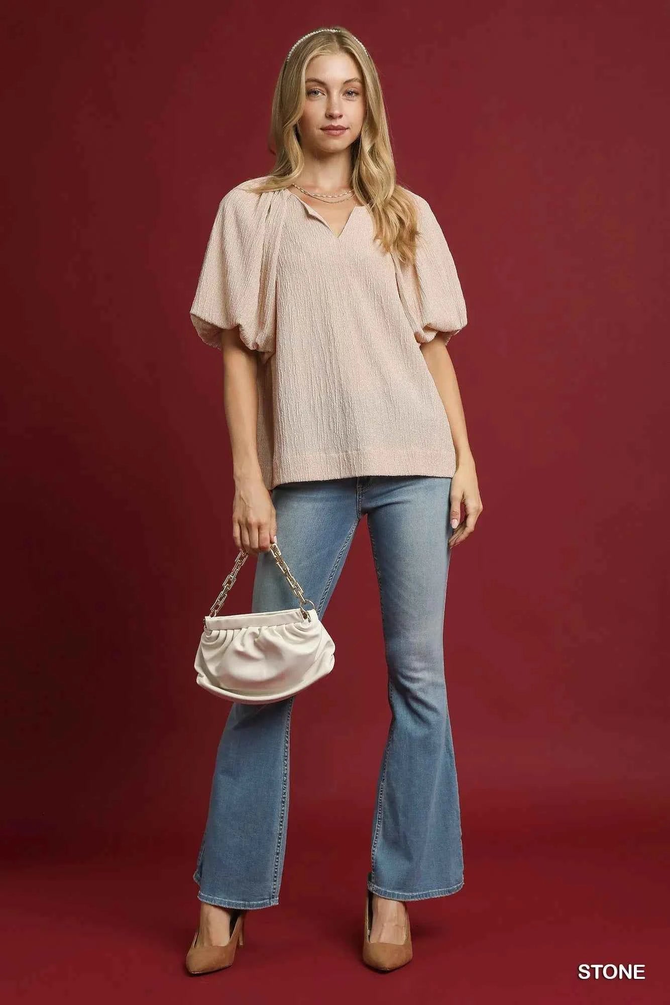 Umgee Texture Puff Sleeve Notched Blouse 198559e2-885d-4372-ba61-fcaa0a45c750-Max-Origin