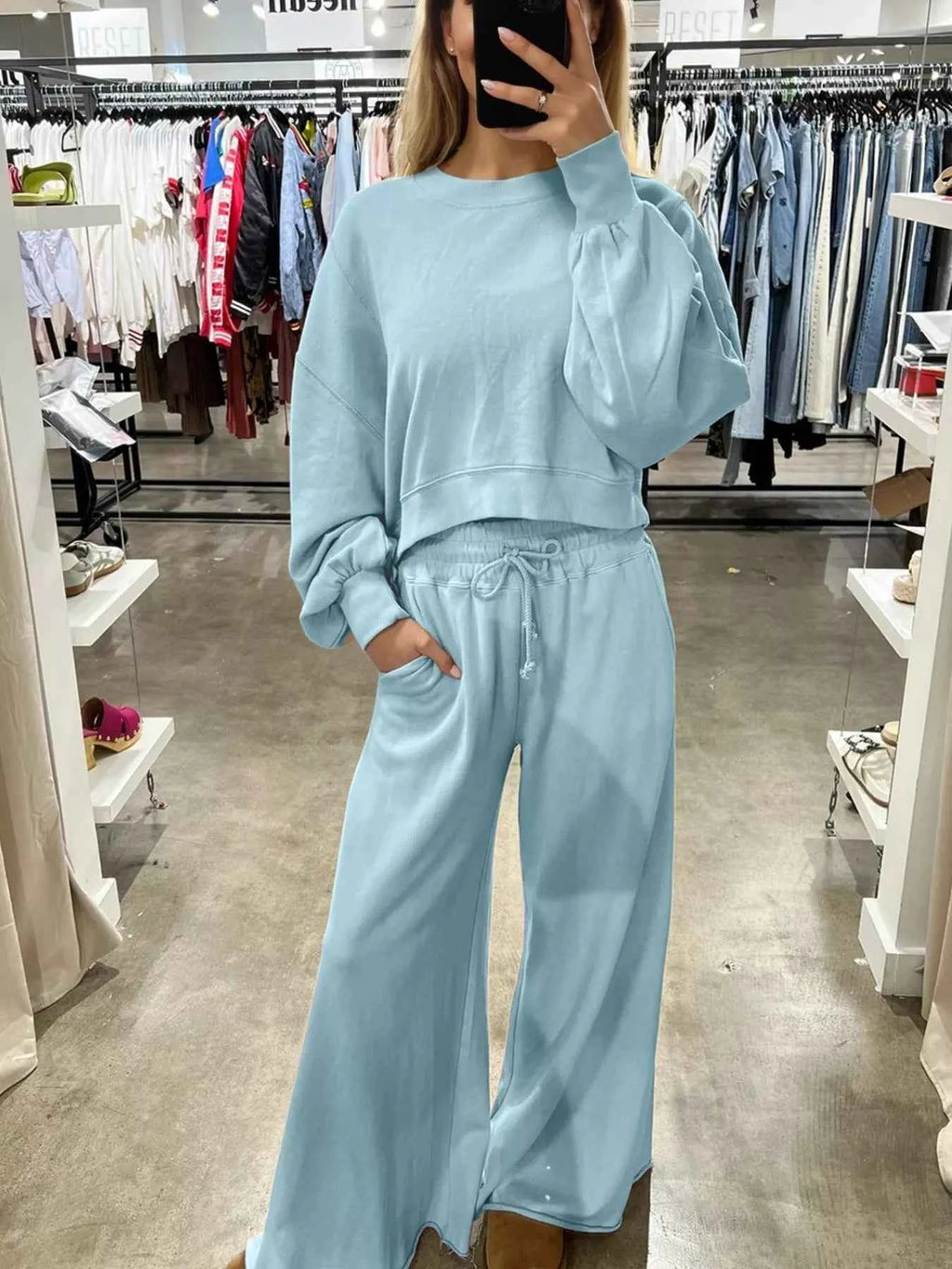 Drop Shoulder Puff Sleeve Crop Top and Drawstring Wide Leg Pants Set 19bc0c52-f07b-4f23-bf06-551a79854b69-Max-Origin