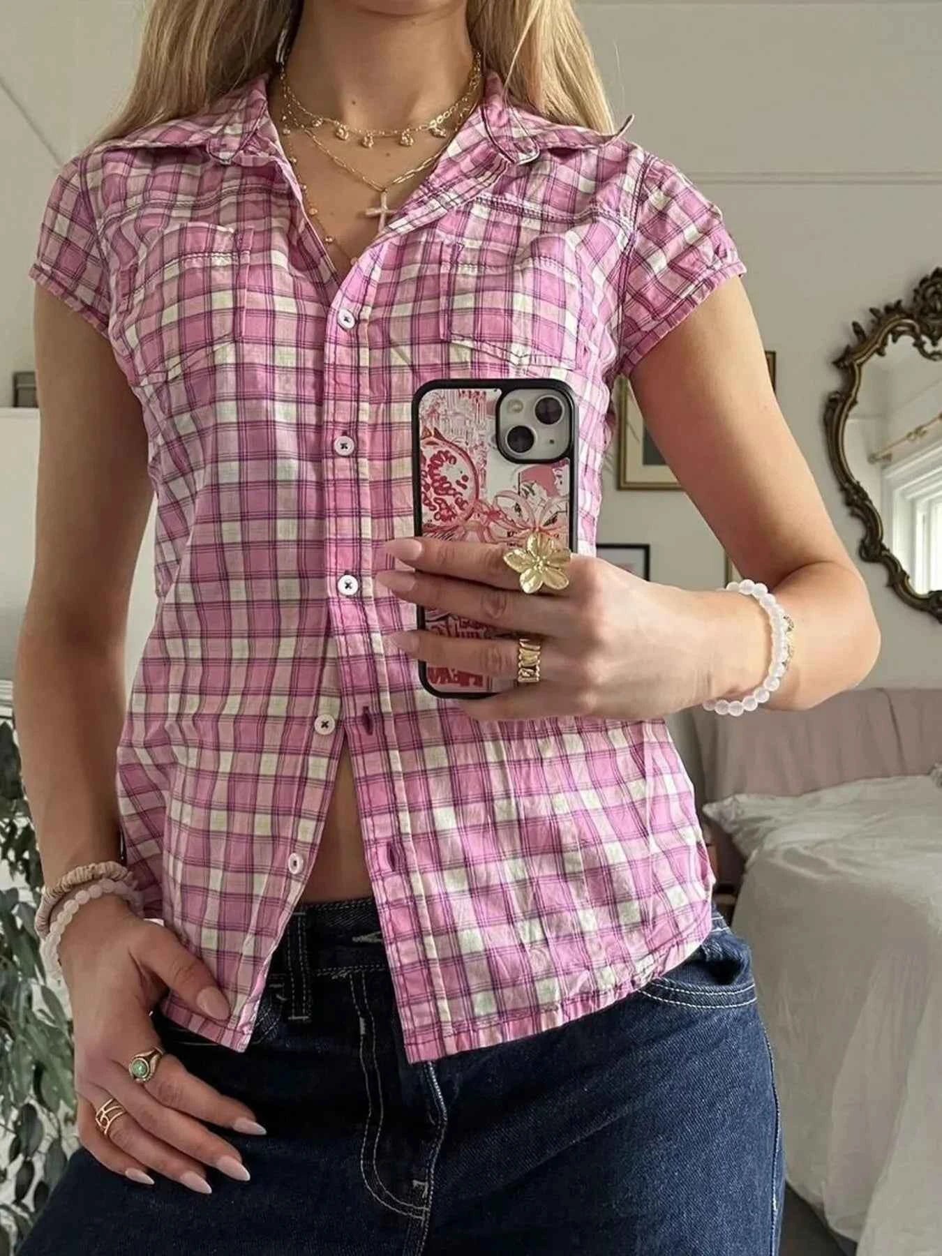 Plaid Cap Sleeve Button-Up Shirt 19c1eae57cd740349dbd3ef3617077ae-Max-Origin