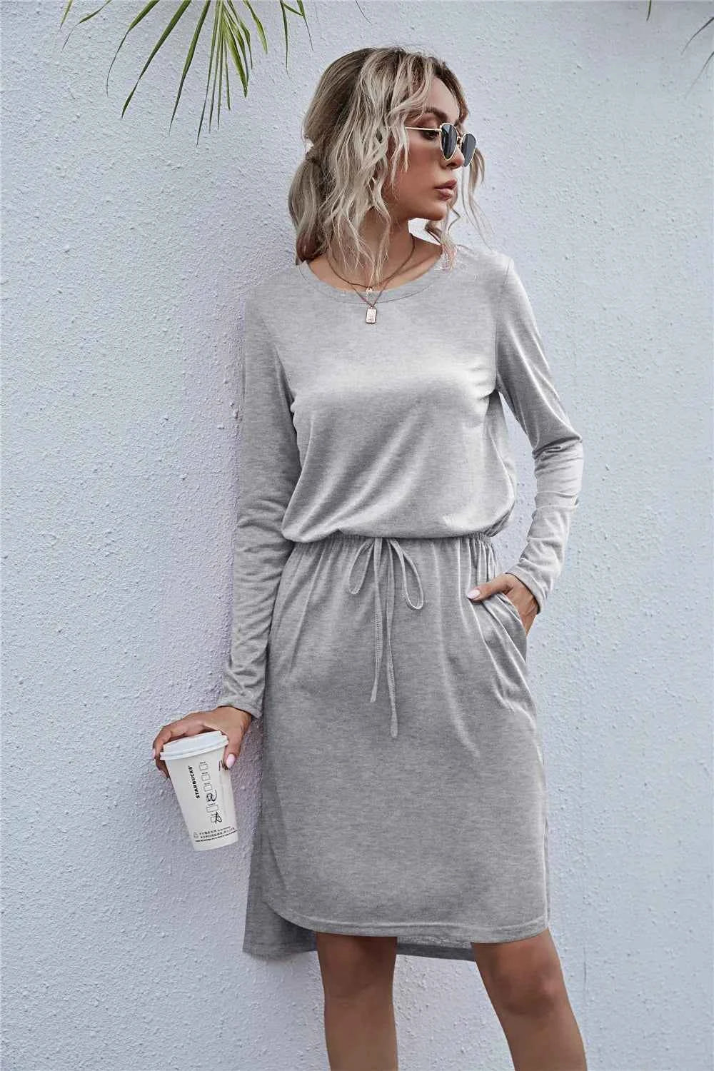 Drawstring Waist Round Neck Long Sleeve Dress 19d8cd73bb654c4ca101ed689aee93d9-Max