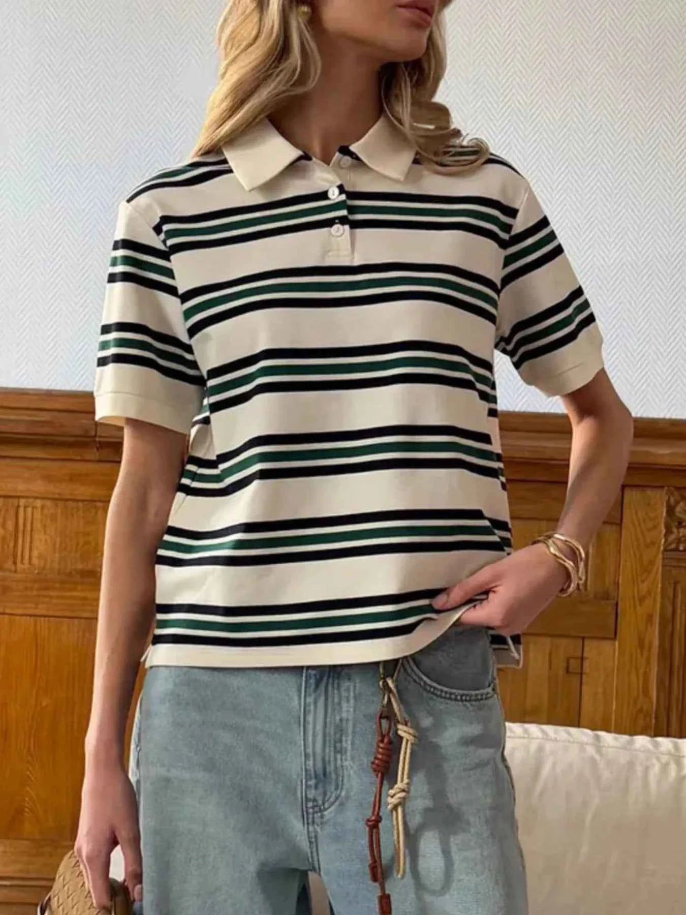 Striped Polo T-Shirt with Contrast Collar Green 19e3f41f-1195-410e-890d-38ad444e4f2a-Max-Origin