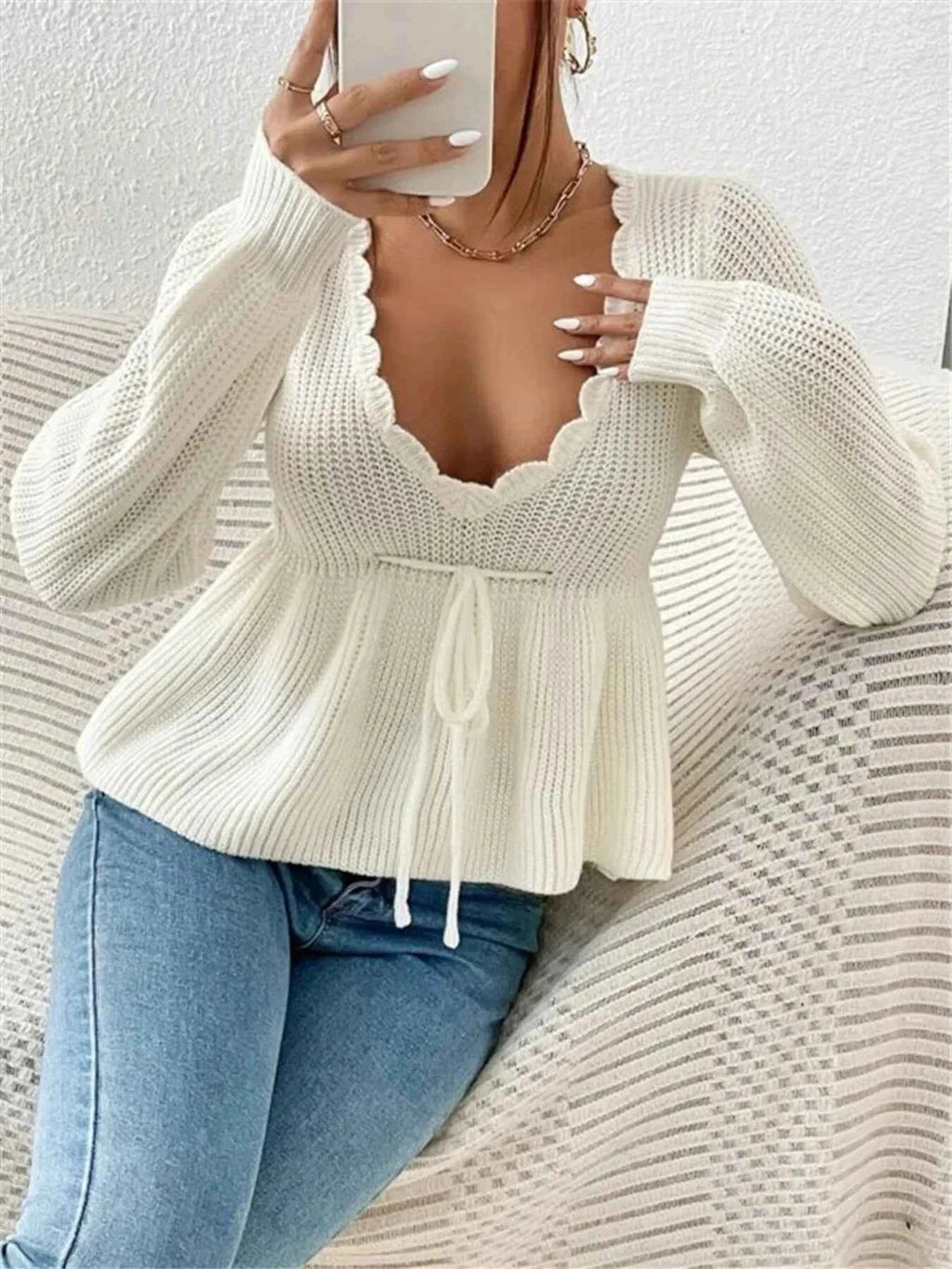 Scalloped V-Neck Drawstring Knit Top 19f63eaefc344b57bb4b491f3bc4f141-Max-Origin