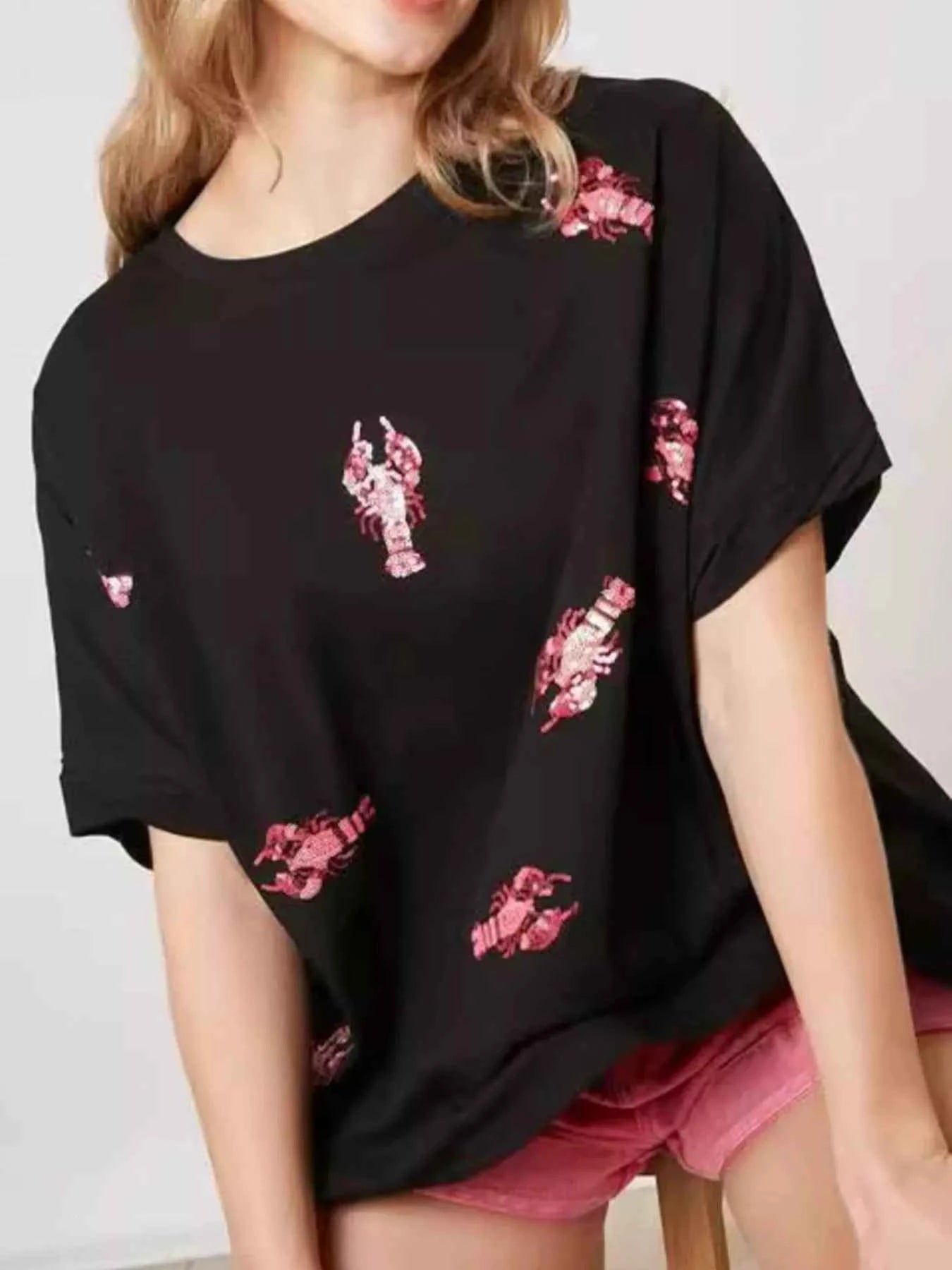 Sequin Lobster Round Neck T-Shirt 19f97330-124b-43d6-9955-f1bc345bafd7-Max-Origin