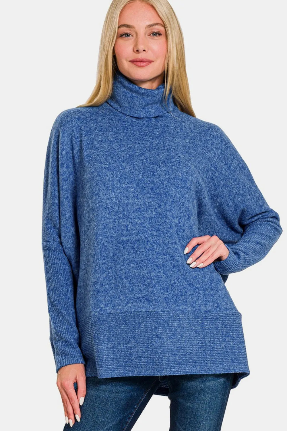 Zenana Full Size Brushed Melange Hacci Turtleneck Sweater Lt Navy 19fe4d7b-6709-4d68-ab81-c53af4bdd1be-Max