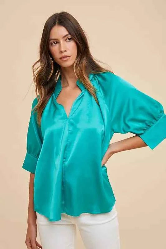 Annie Wear Satin V Neck Open Short Sleeve Woven Blouse Top EMERALD 1a16233ef4244b96bf7012f814eb5a67-Max-Origin