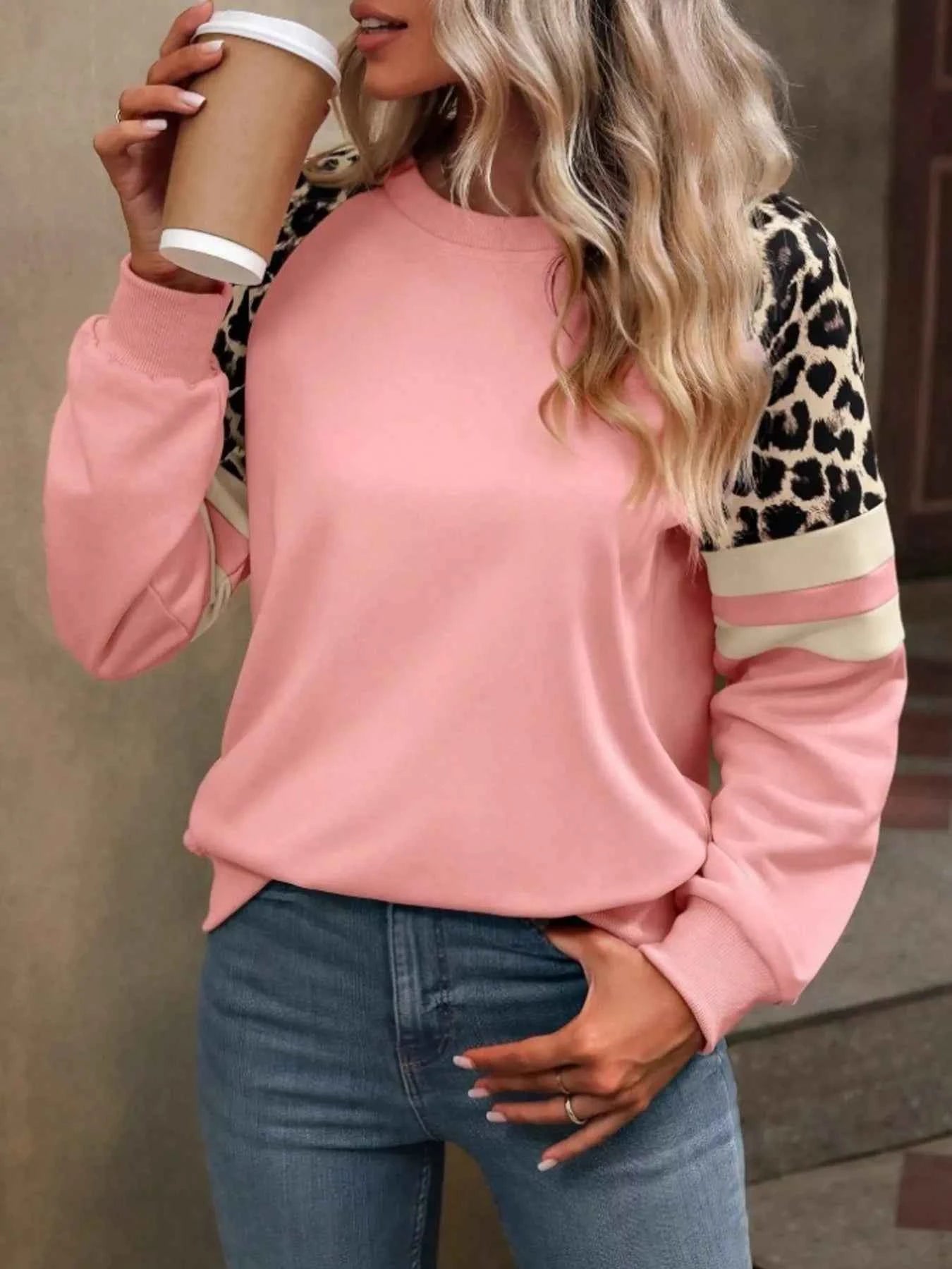 Leopard Round Neck Raglan Sleeve Sweatshirt Pink 1a2aa68b2210417a903ded019ed718ef-Max-Origin